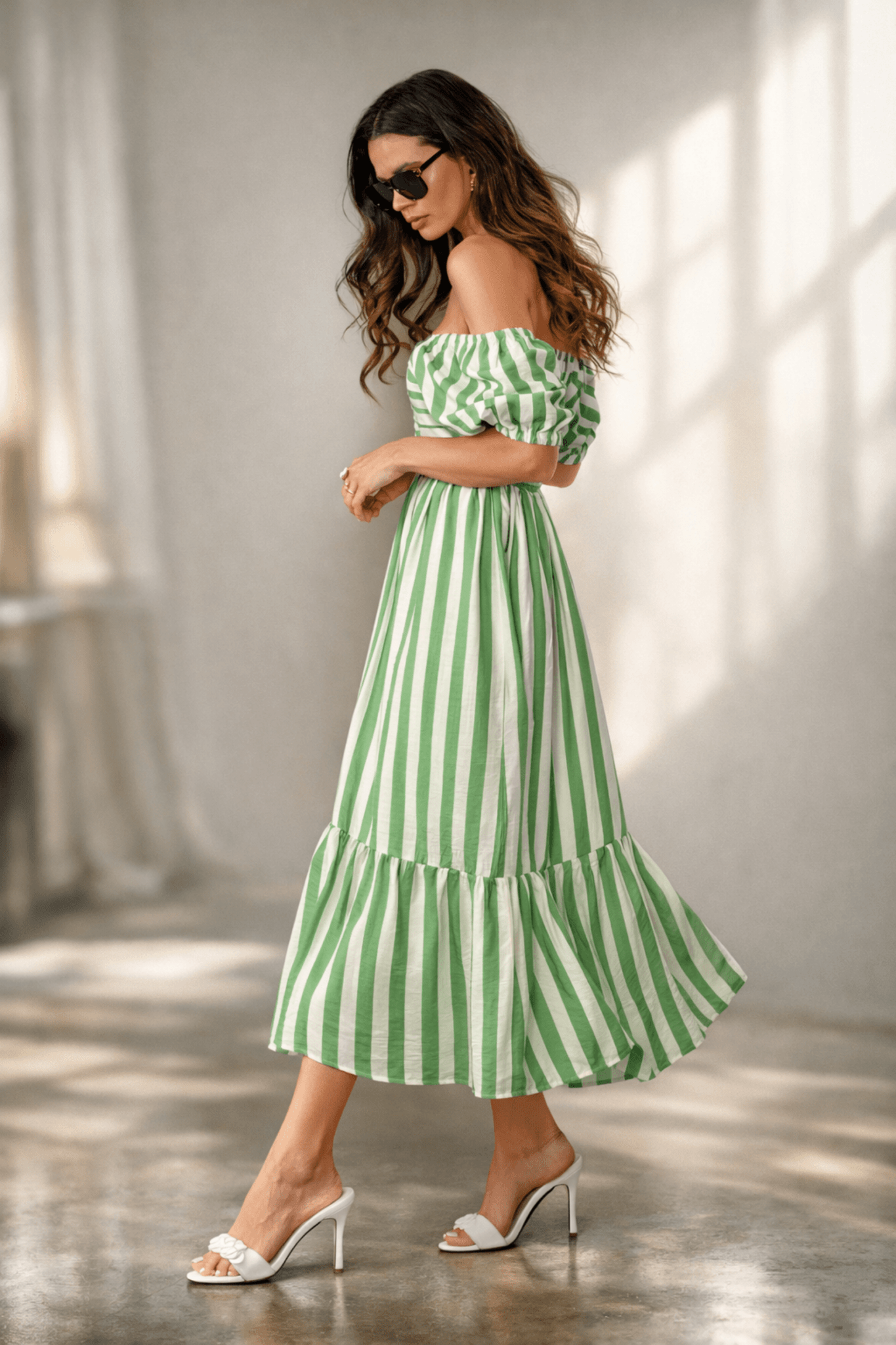 Leighton Puff Sleeve Midi Dress in Green Stripe - Style Cheat