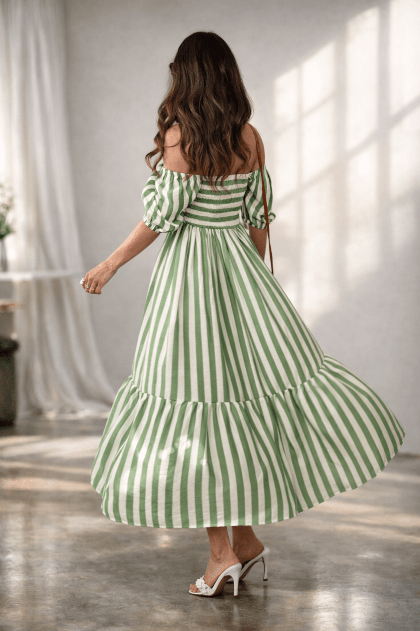 Leighton Puff Sleeve Midi Dress in Green Stripe - Style Cheat