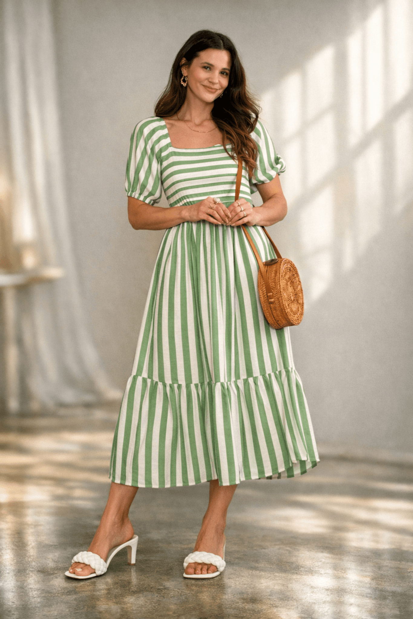 Leighton Puff Sleeve Midi Dress in Green Stripe - Style Cheat