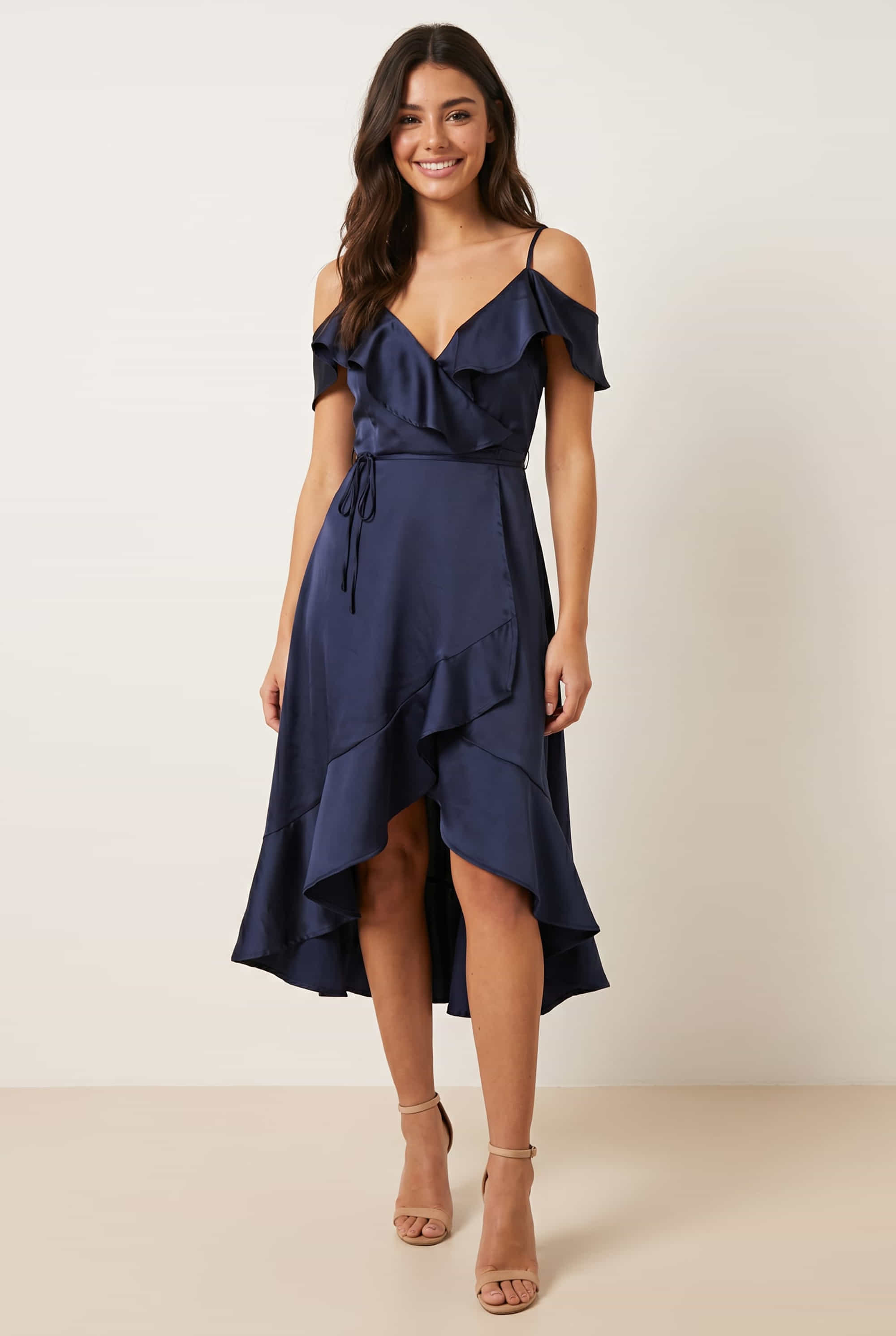 Cold Shoulder Midi Wrap Satin Dress / Navy
