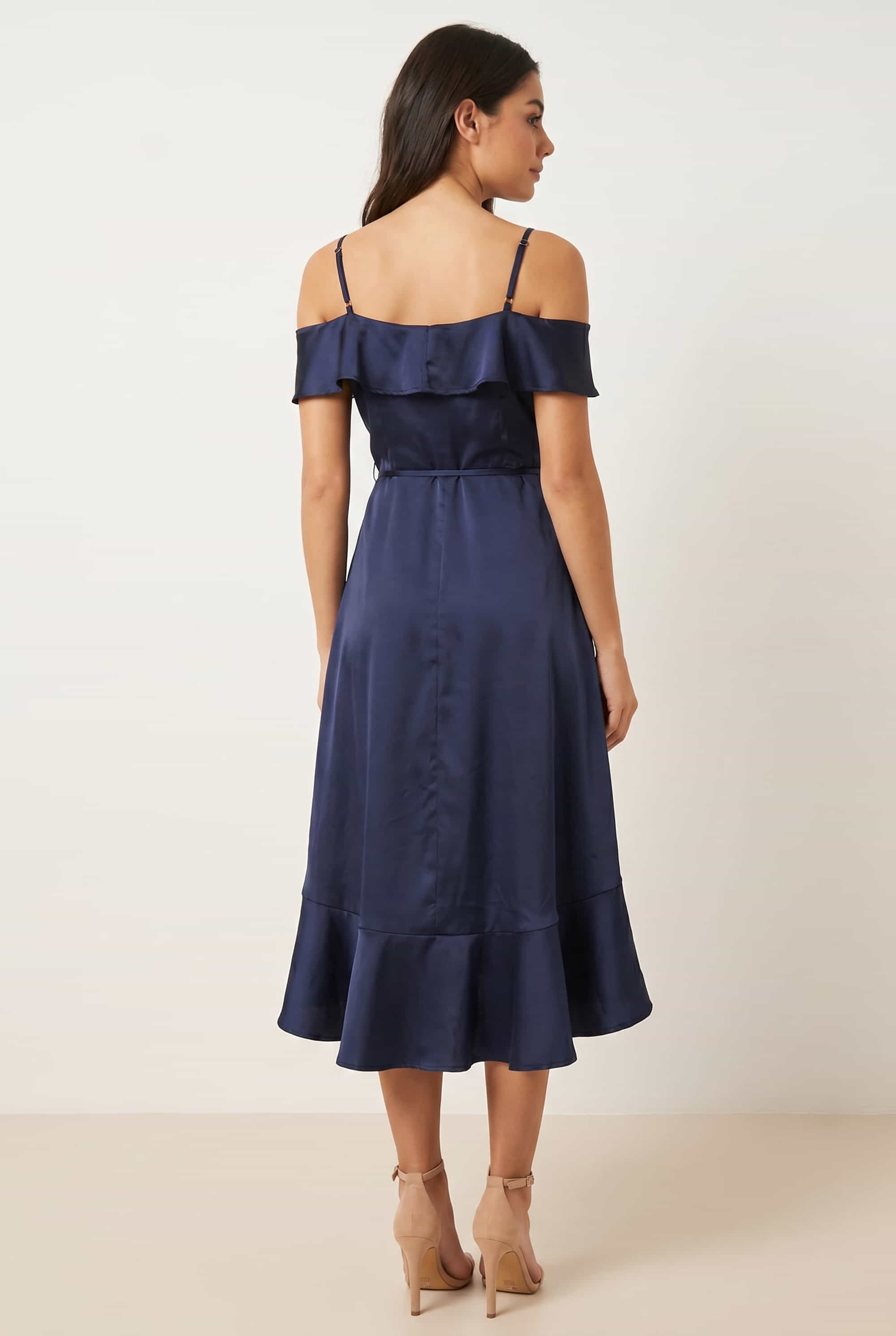 Cold Shoulder Midi Wrap Satin Dress / Navy