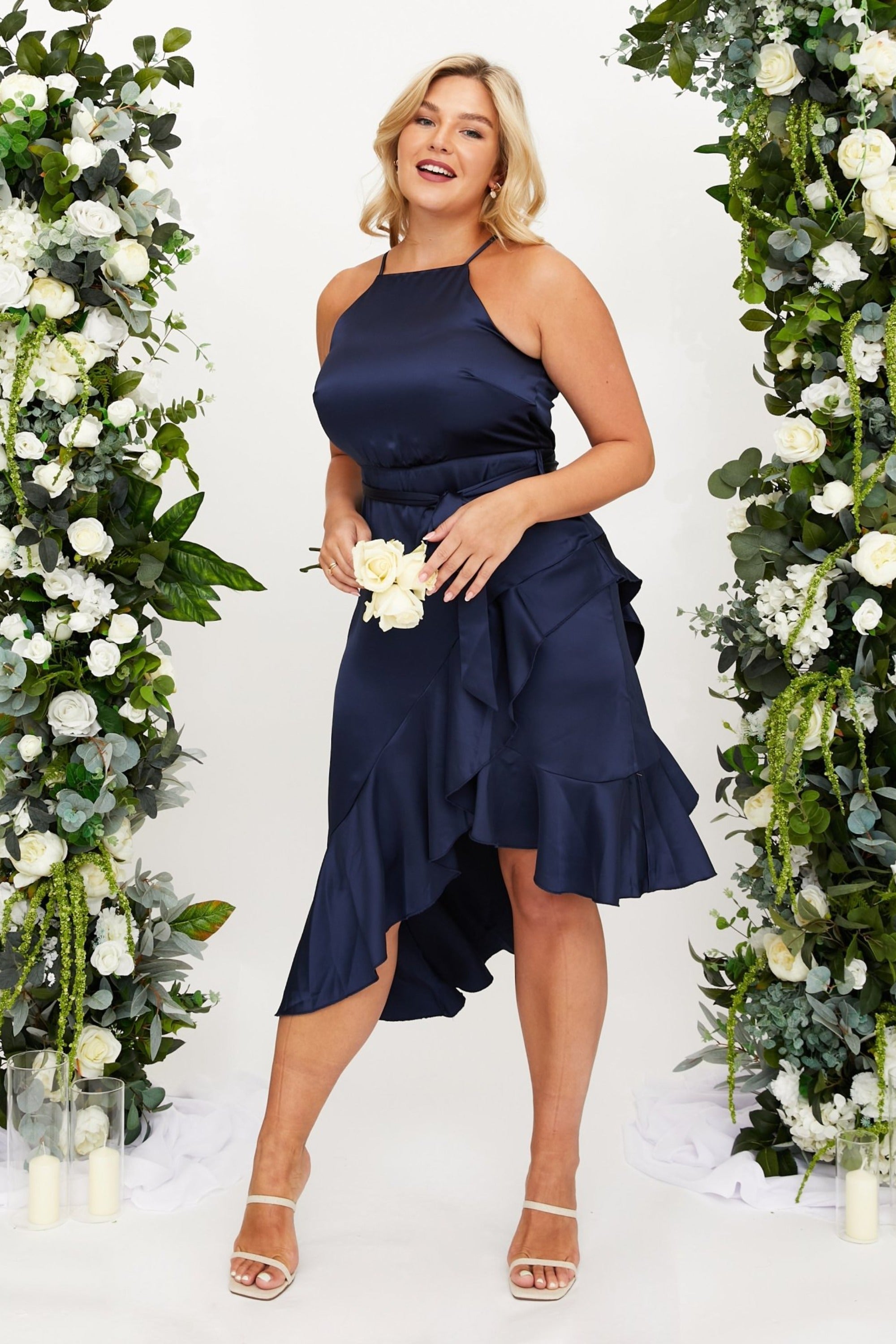 Halter Frill Satin Midi Dress / Navy - Style Cheat