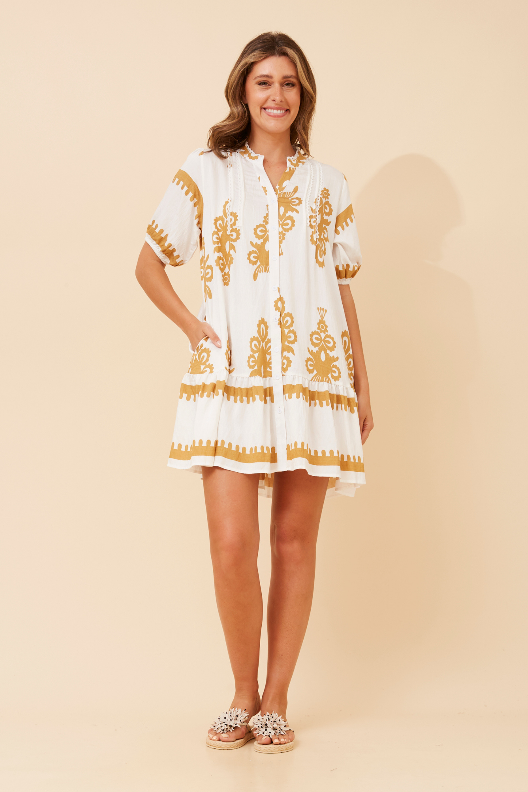 Beige and White Placement Print Mini Dress