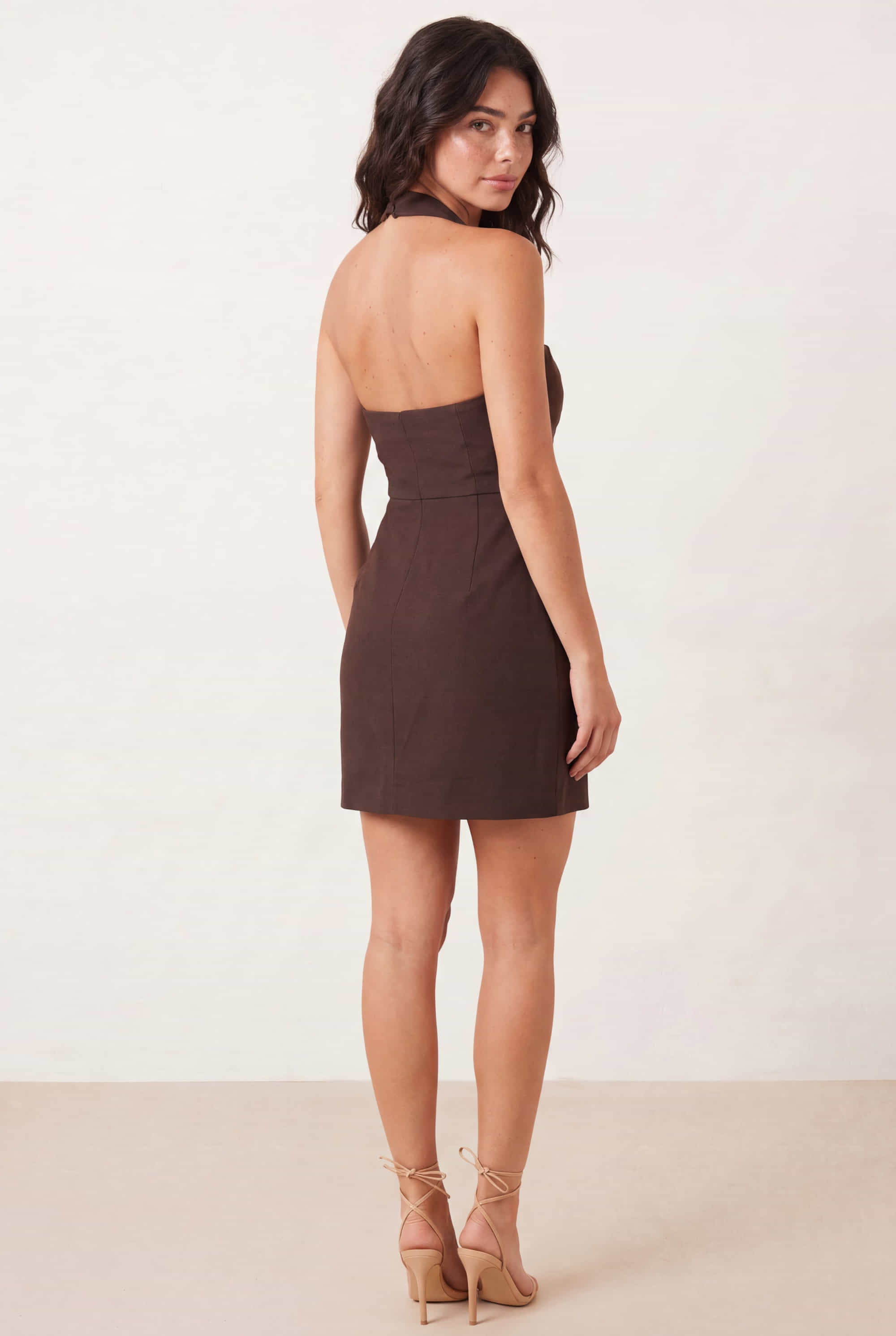 Tilly Mini Halter Dress in Chocolate Brown
