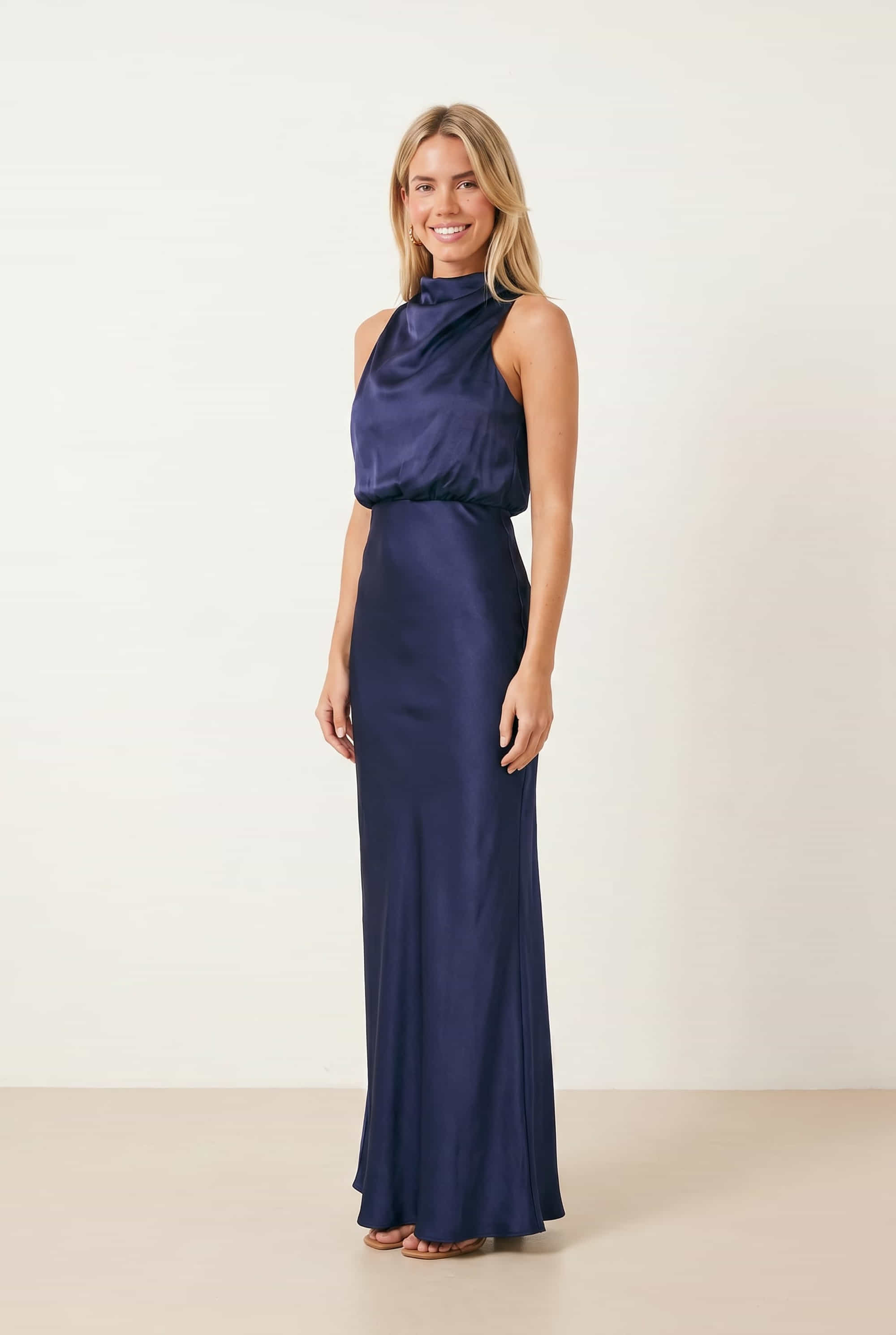Drape Neck Maxi Satin Dress / Navy