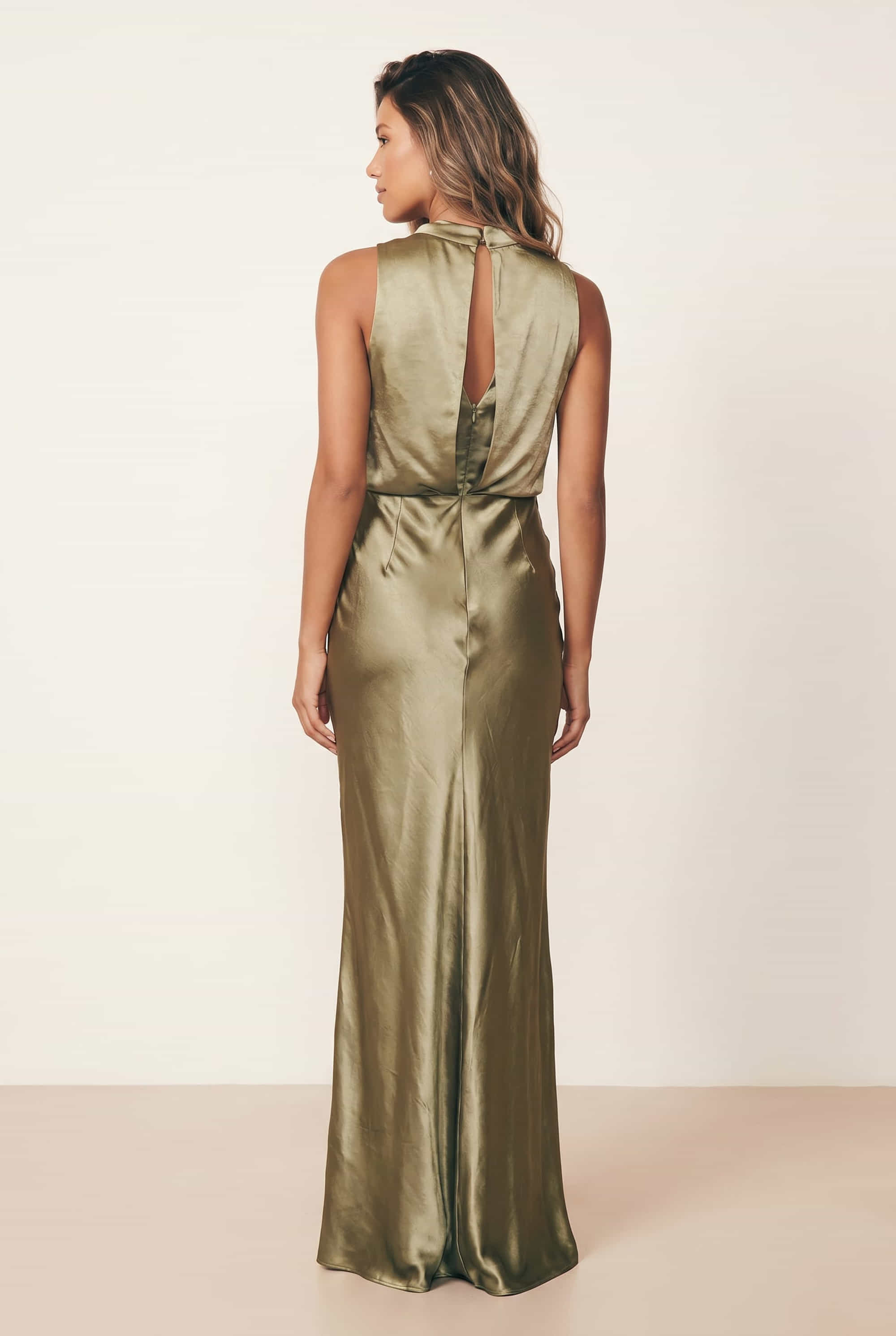 Drape Neck Maxi Satin Dress / Olive