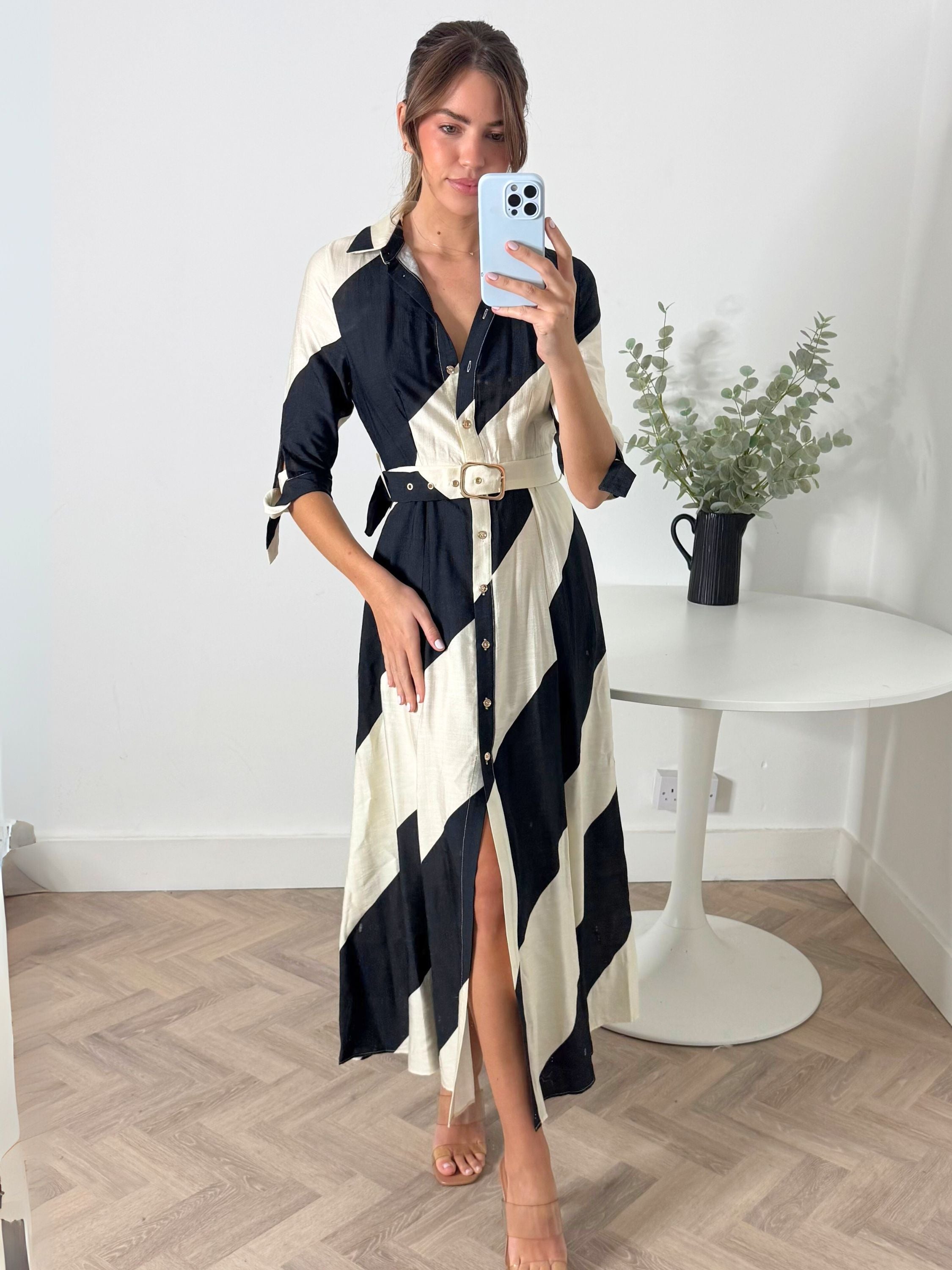 Daphne Belted Shirt Dress / Mono Stripe