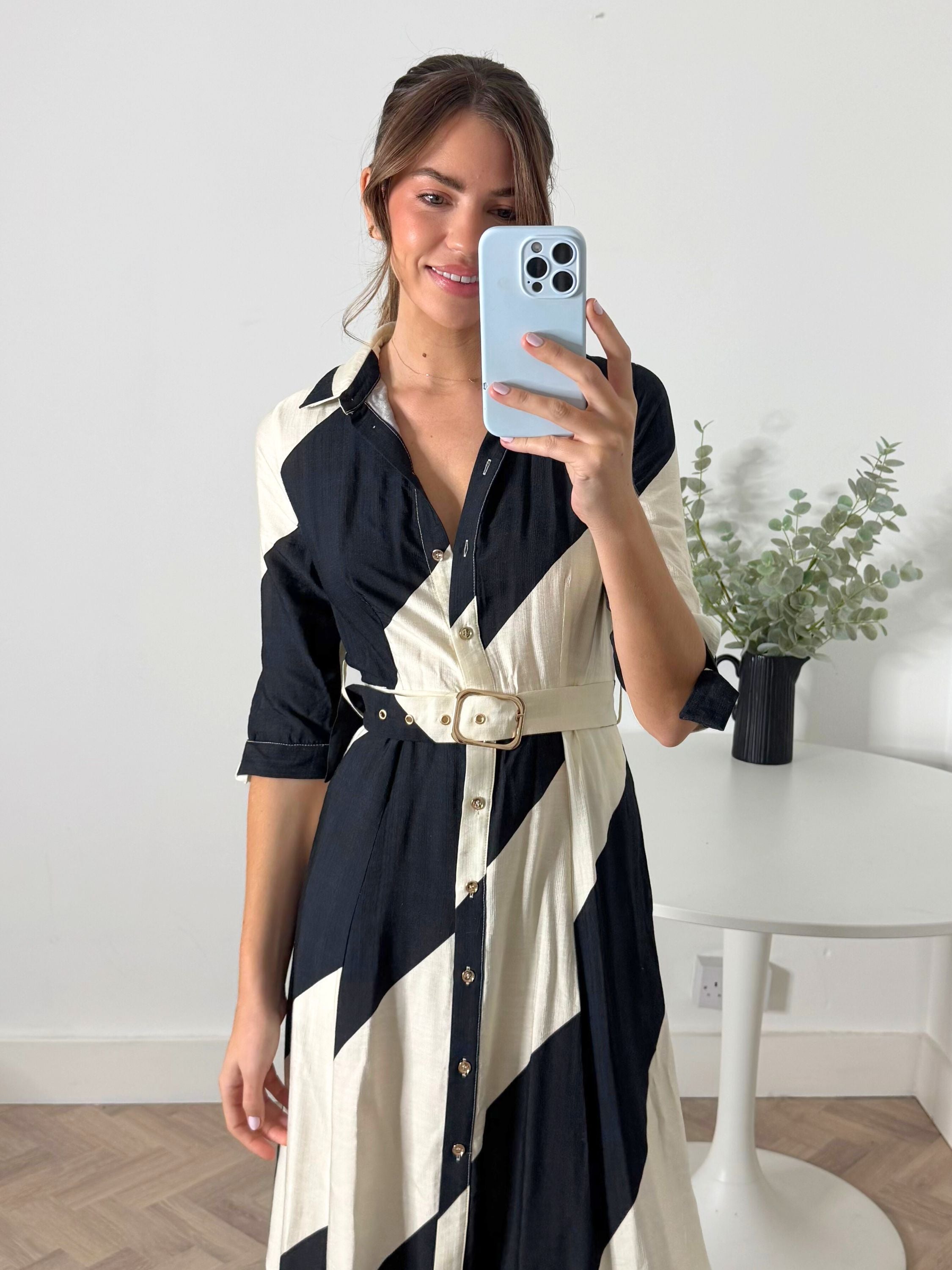 Daphne Belted Shirt Dress / Mono Stripe