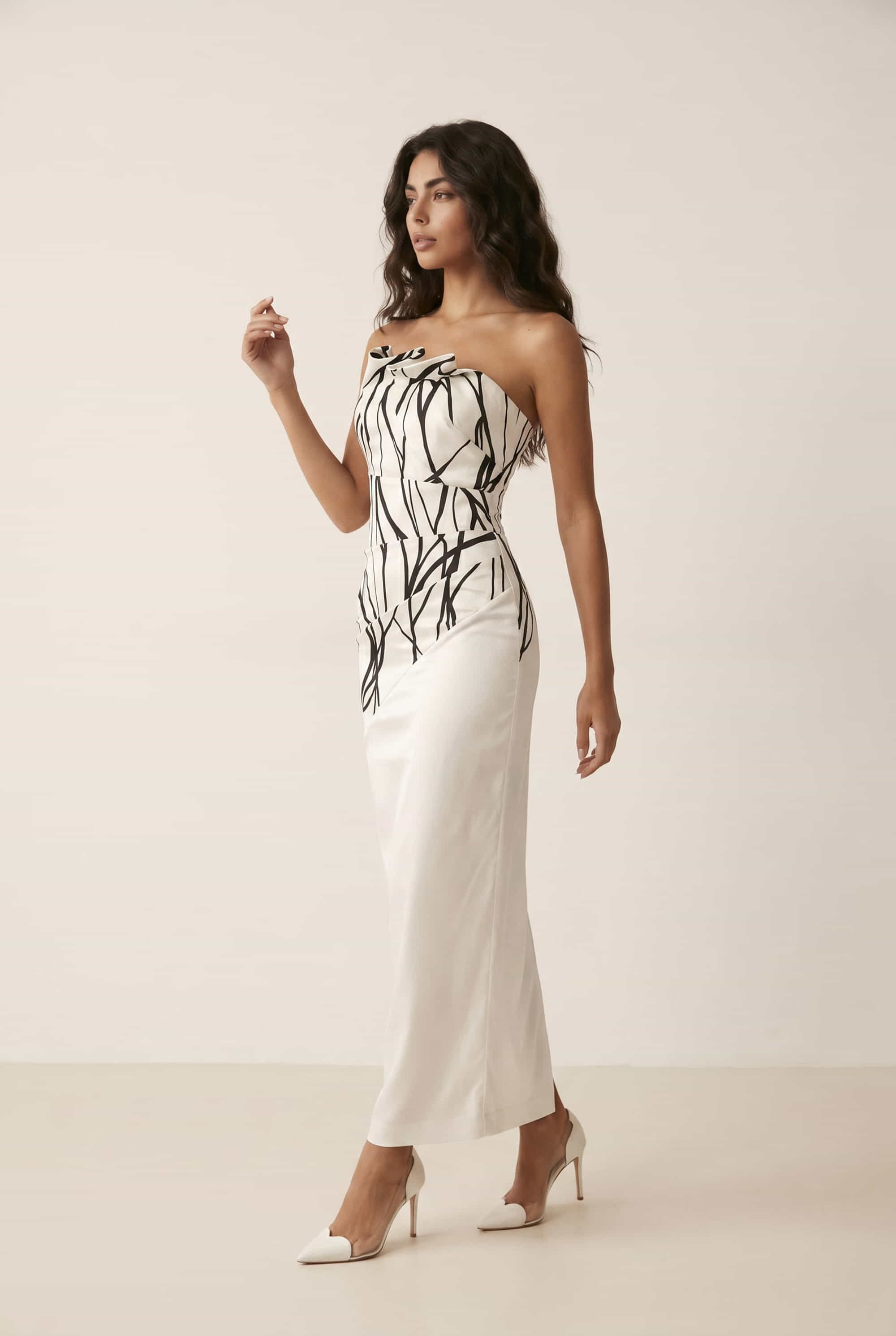 Gabby Frill Bandeau Midaxi Dress in Ivory and Navy Abstract Print
