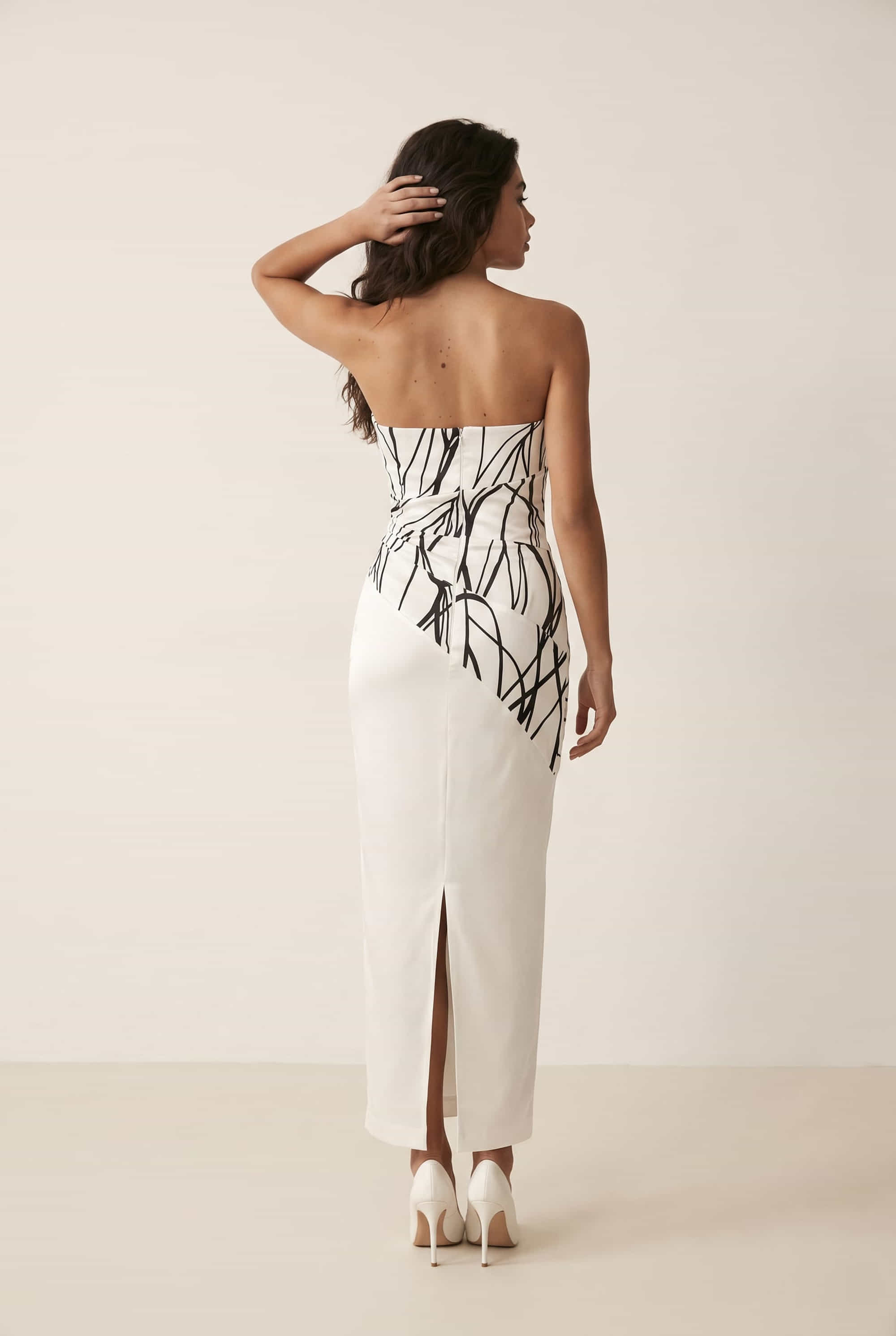 Gabby Frill Bandeau Midaxi Dress in Ivory and Navy Abstract Print