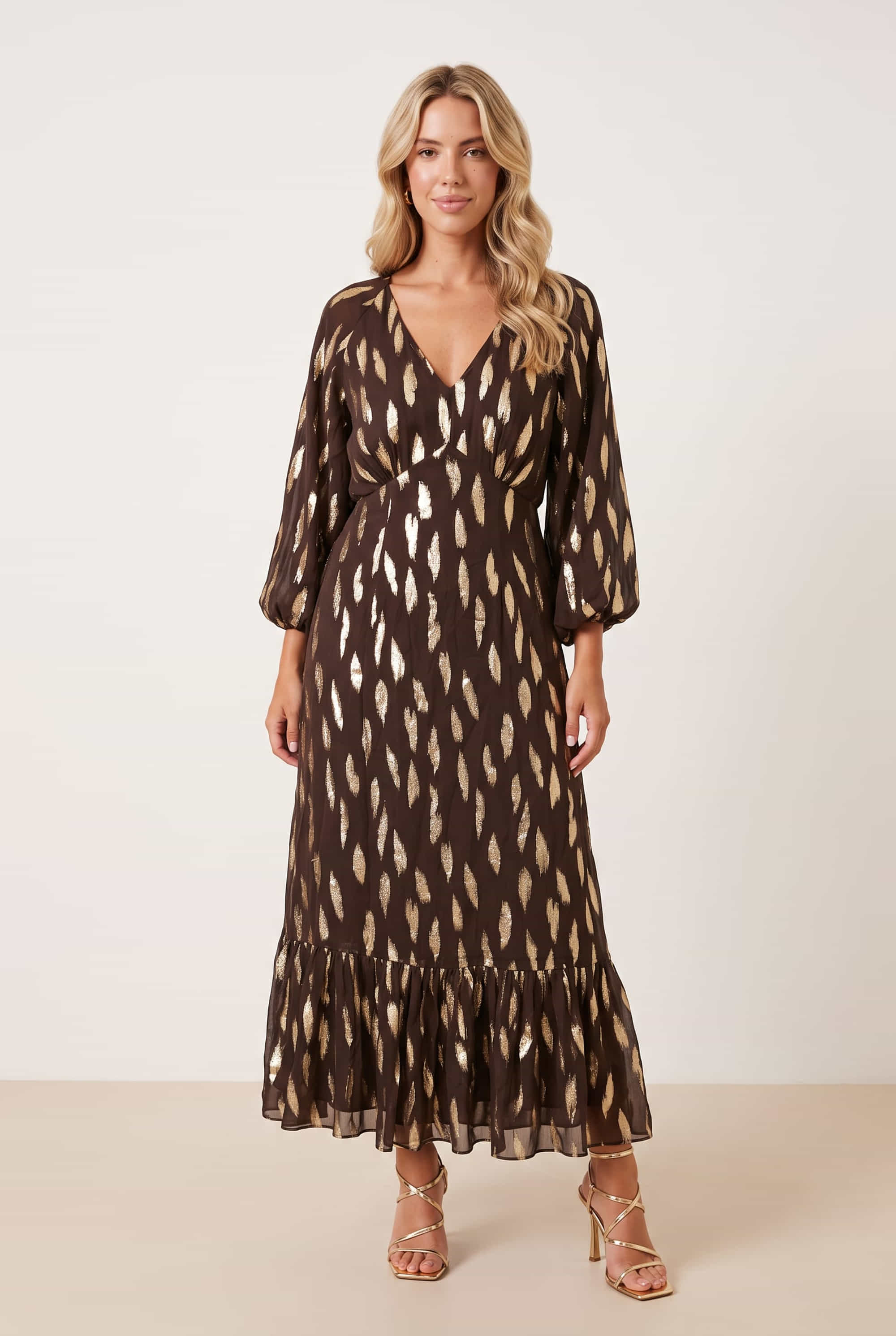 Gold Foil Midi Dress brown
