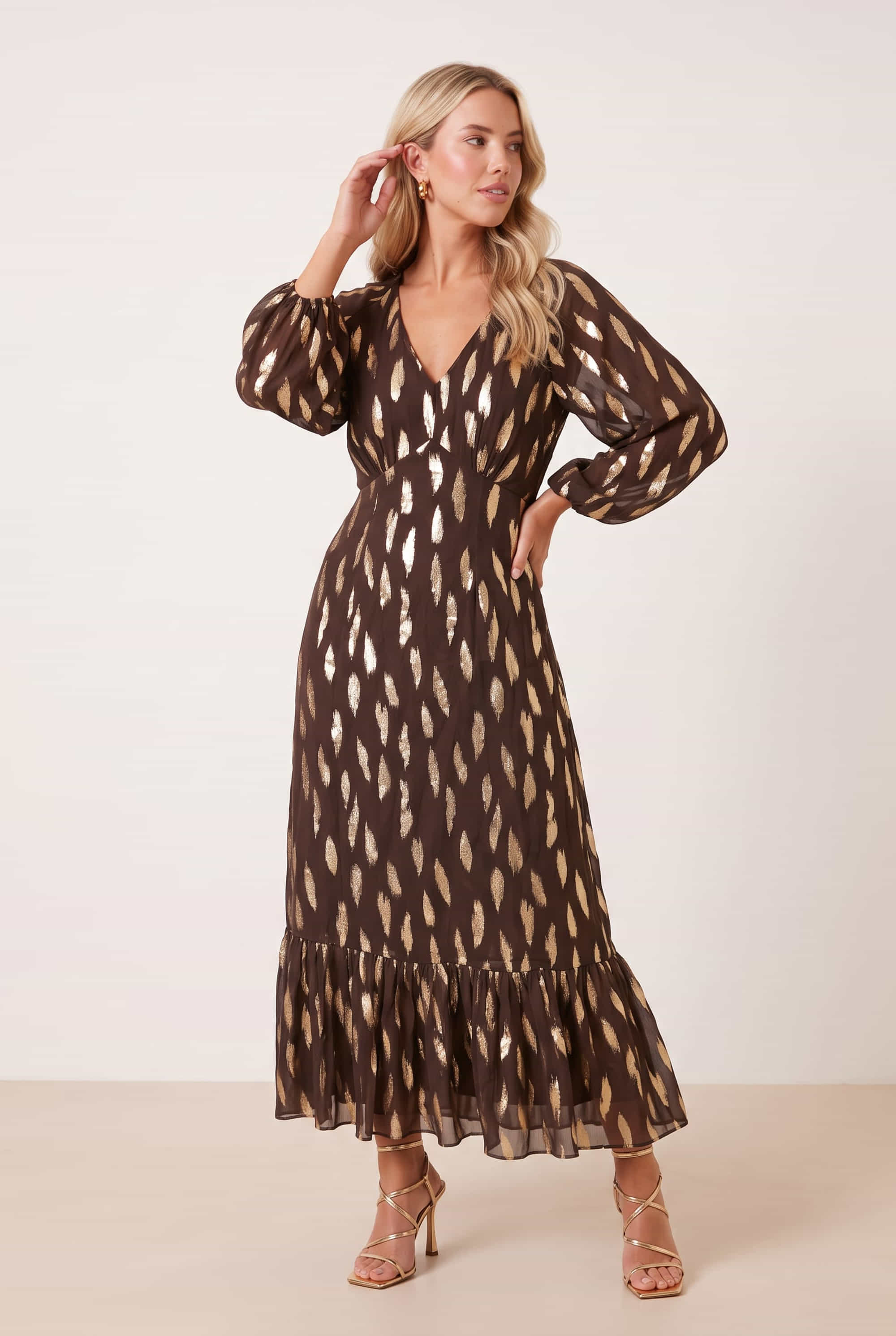 Gold Foil Midi Dress brown