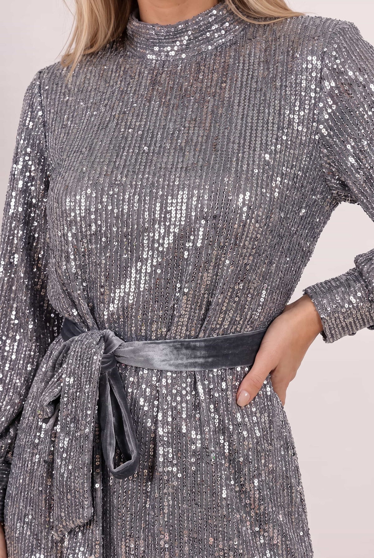 Hannah Sequin High Neck Mini Dress / Silver