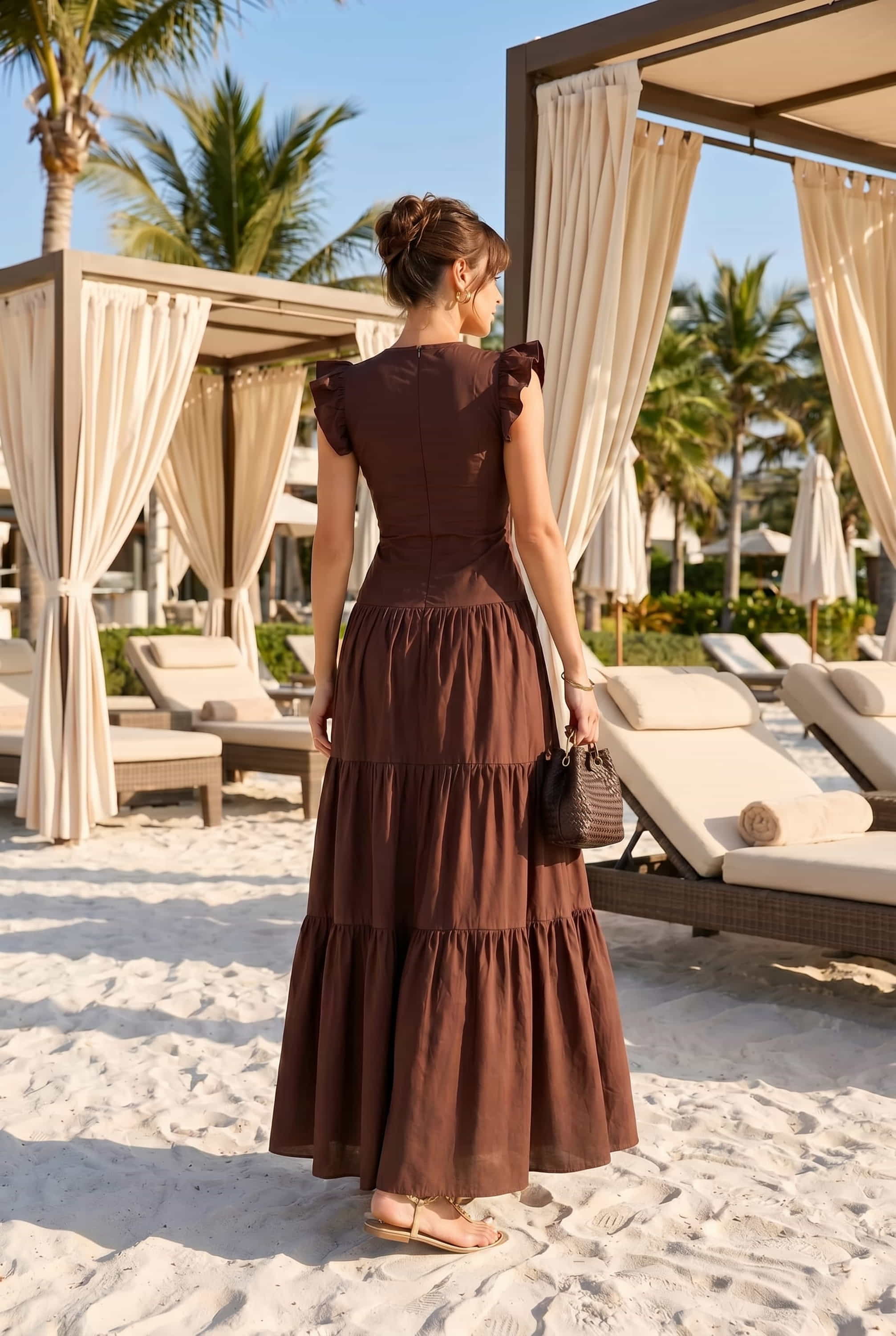 Indie Cut Out Frill Maxi Dress in Brown
