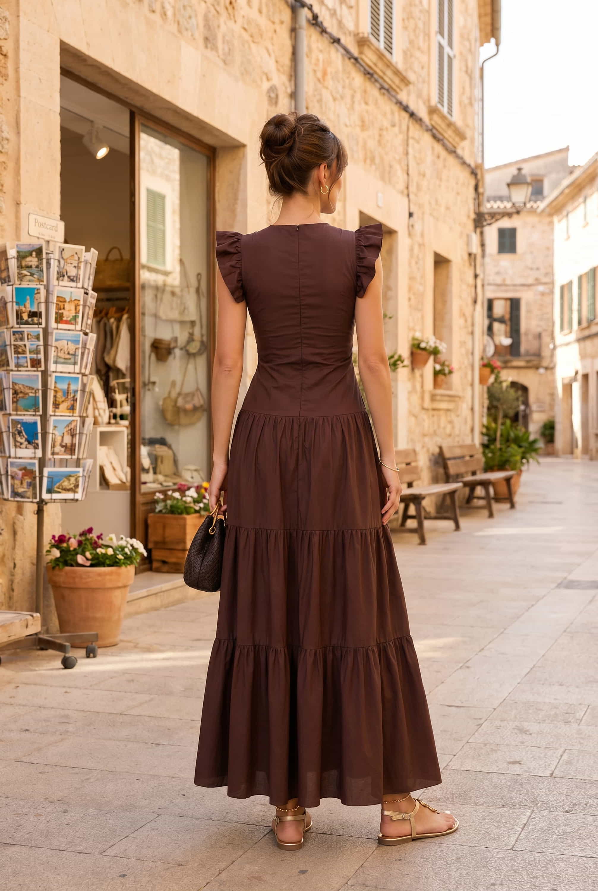 Indie Cut Out Frill Maxi Dress in Brown