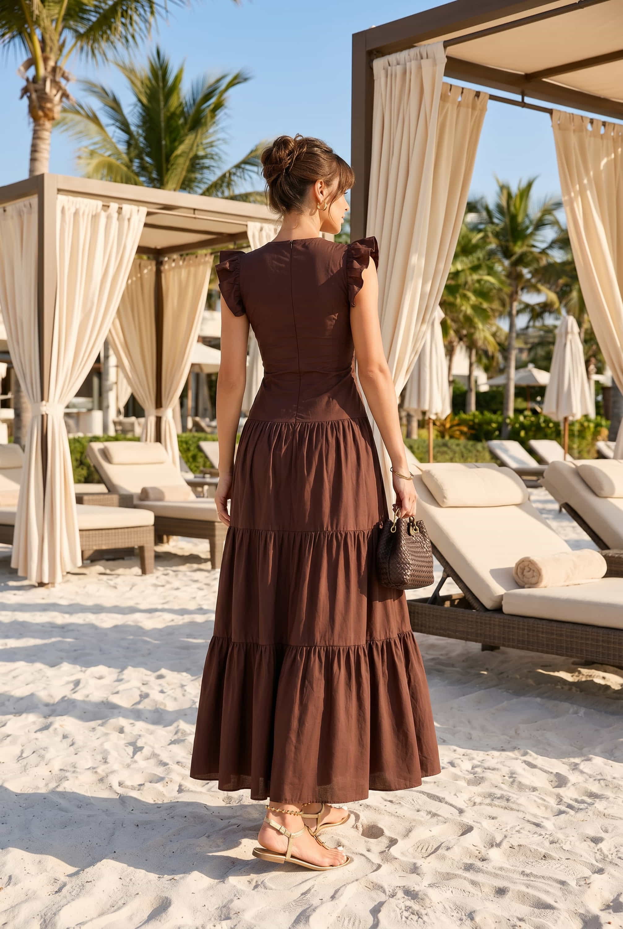 Indie Cut Out Frill Maxi Dress in Brown
