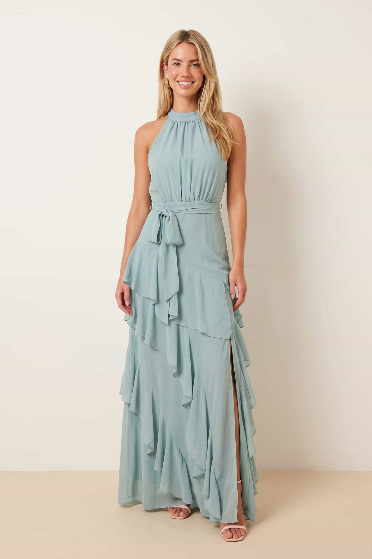 Frill High Neck Maxi Chiffon Dress / Sage