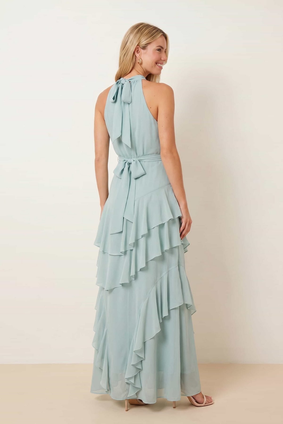 Frill High Neck Maxi Chiffon Dress / Sage