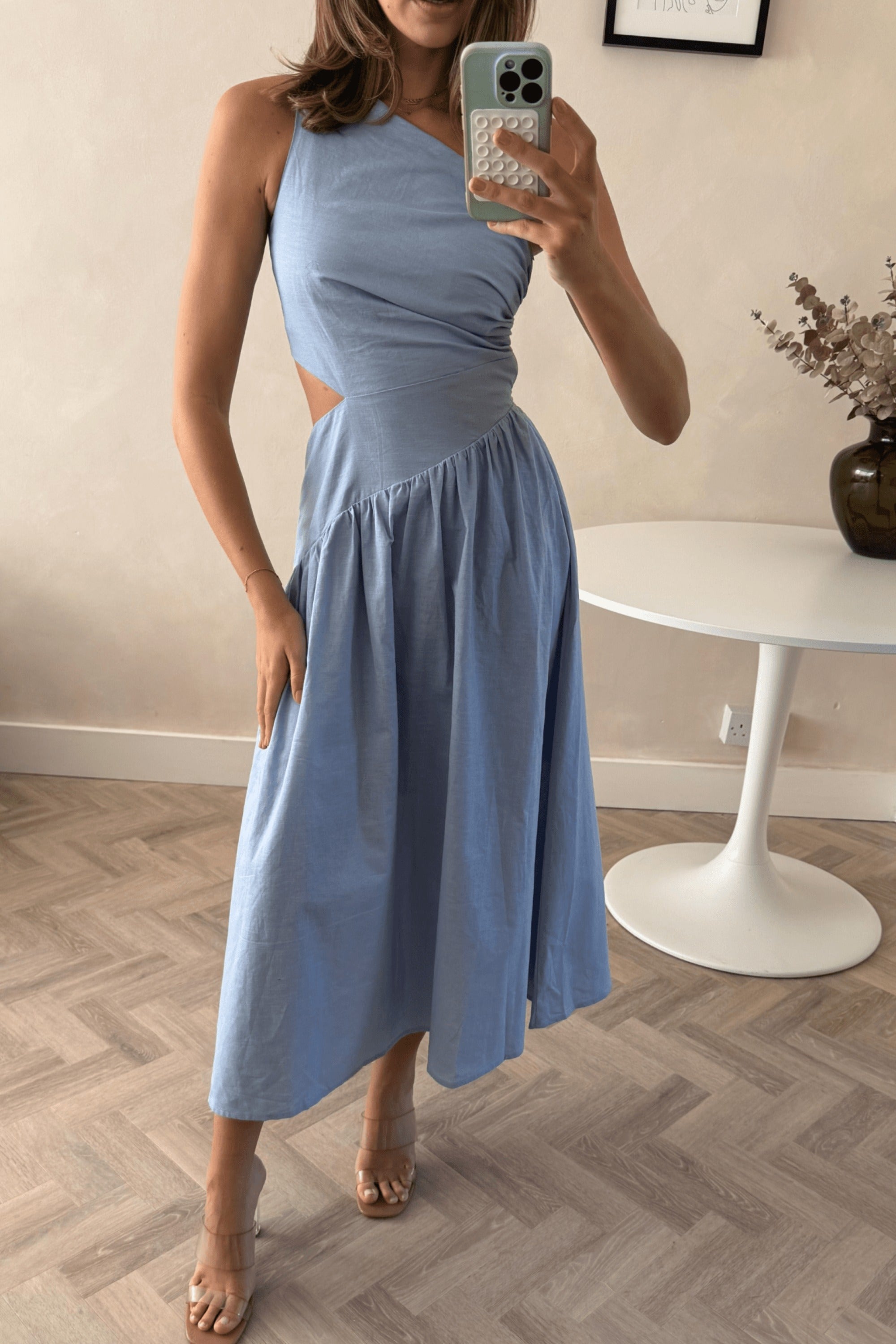 Jasmine Cut Out One Shoulder Dress in Baby Blue - Style Cheat