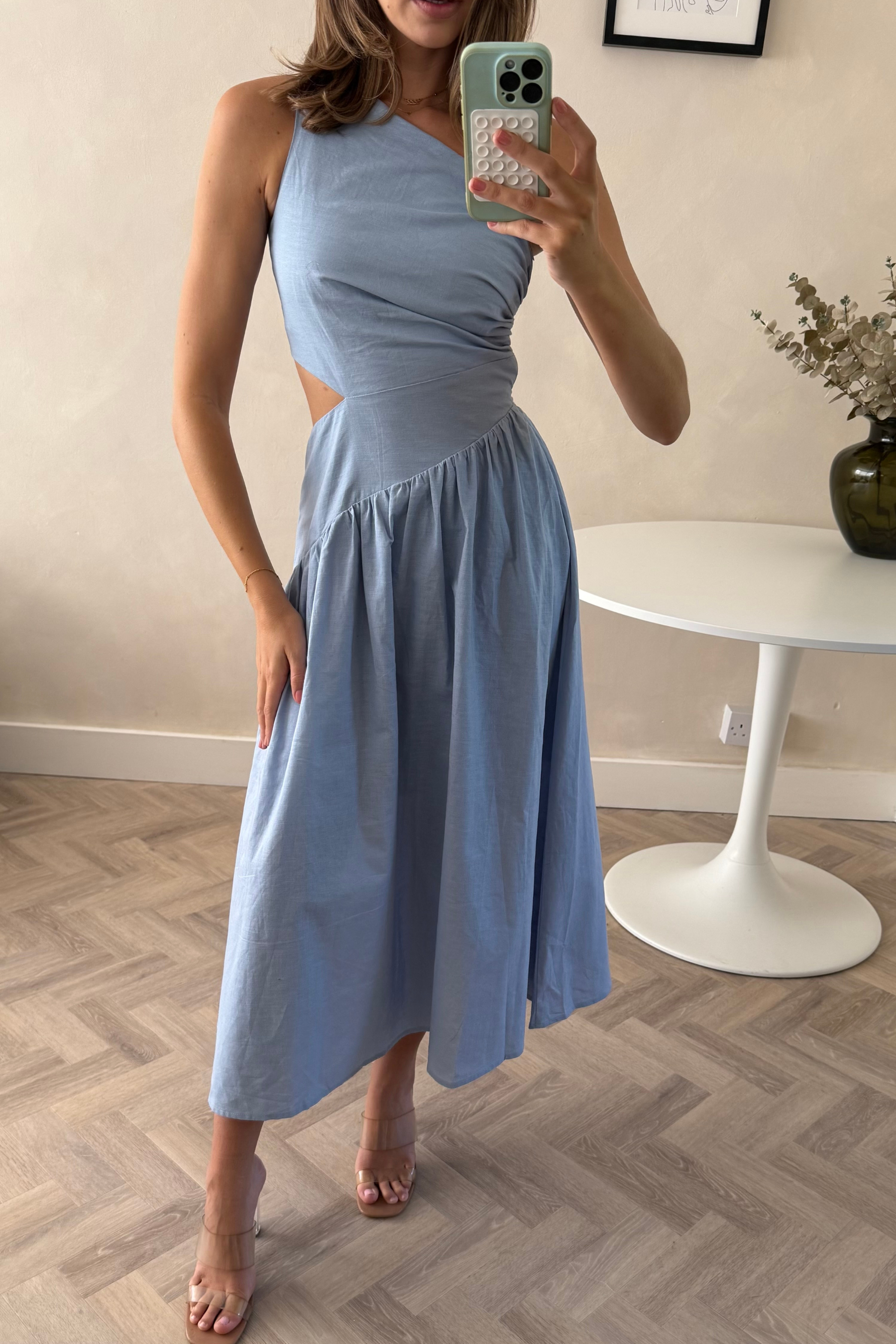 Jasmine Cut Out One Shoulder Dress in Baby Blue