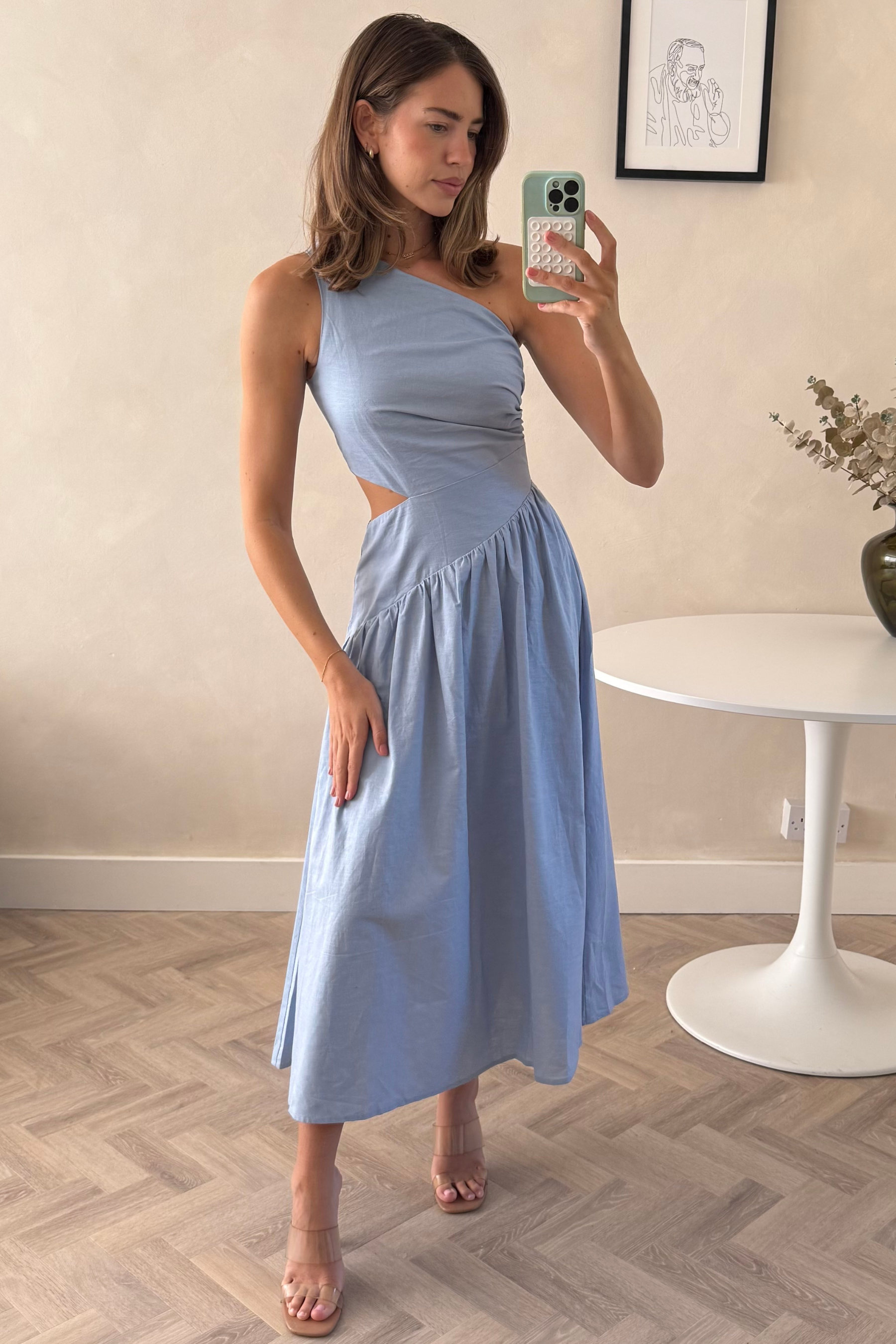 Jasmine Cut Out One Shoulder Dress in Baby Blue