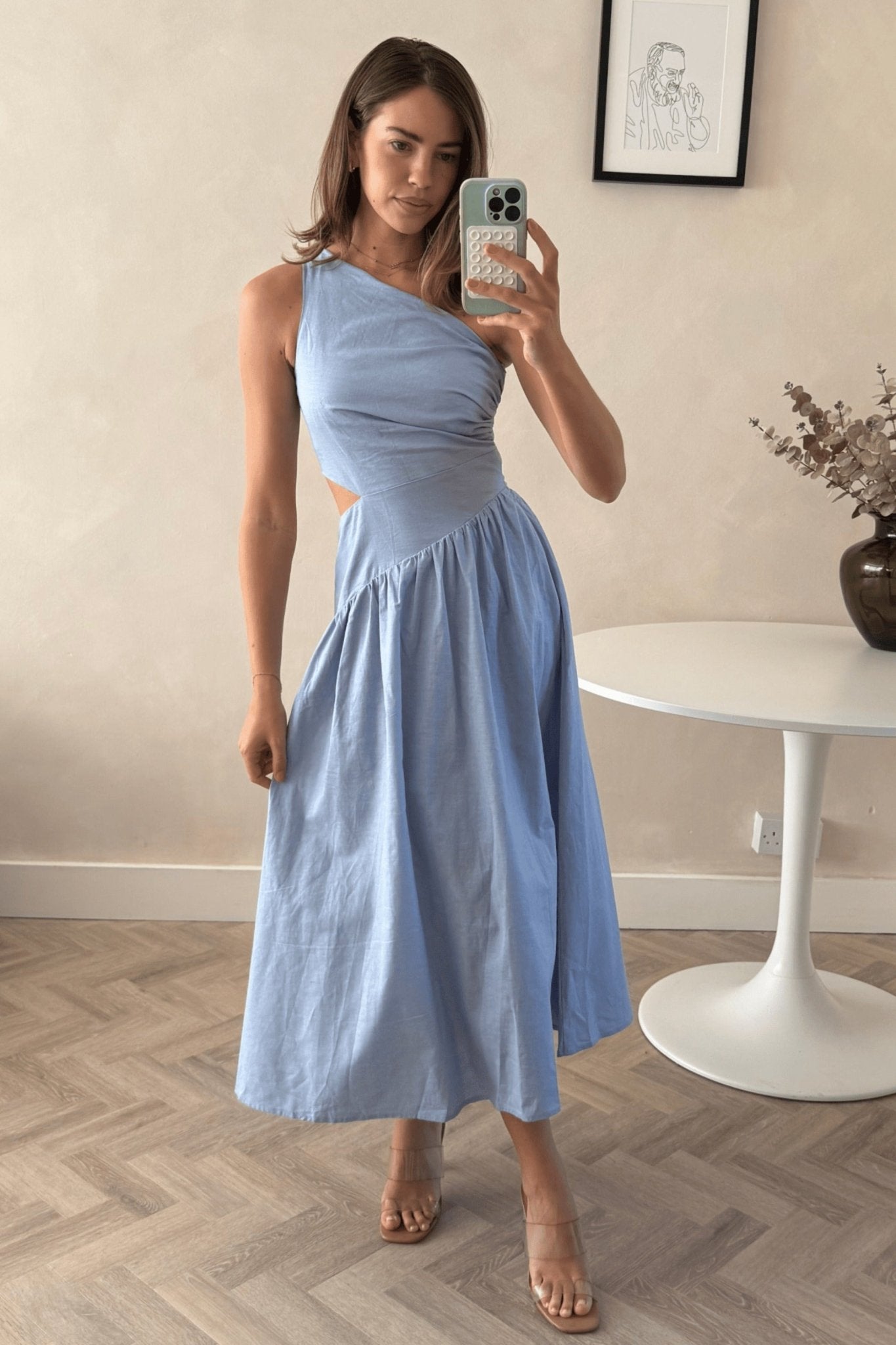 Jasmine Cut Out One Shoulder Dress in Baby Blue