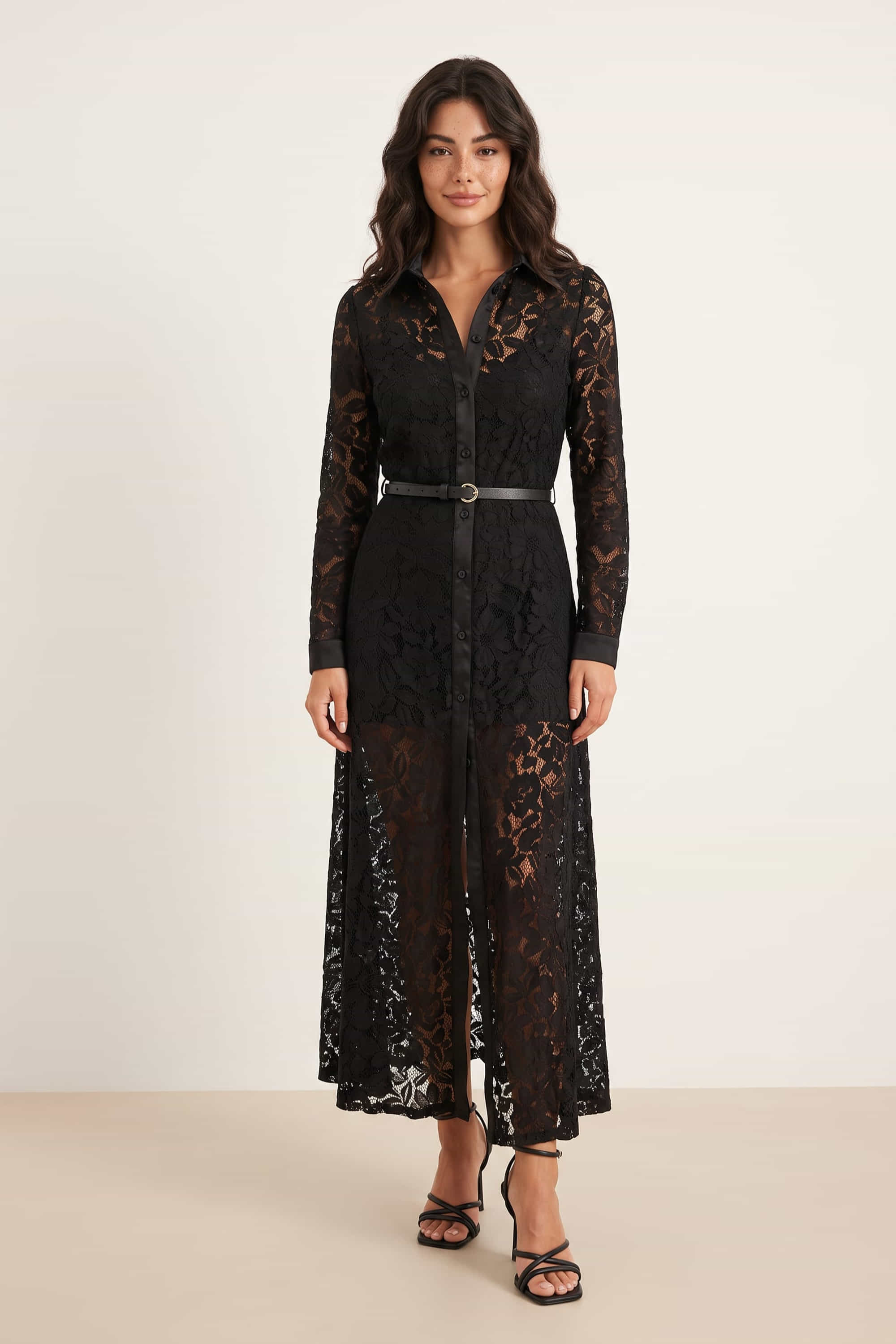 Daphne Belted Shirt Dress / Black Lace