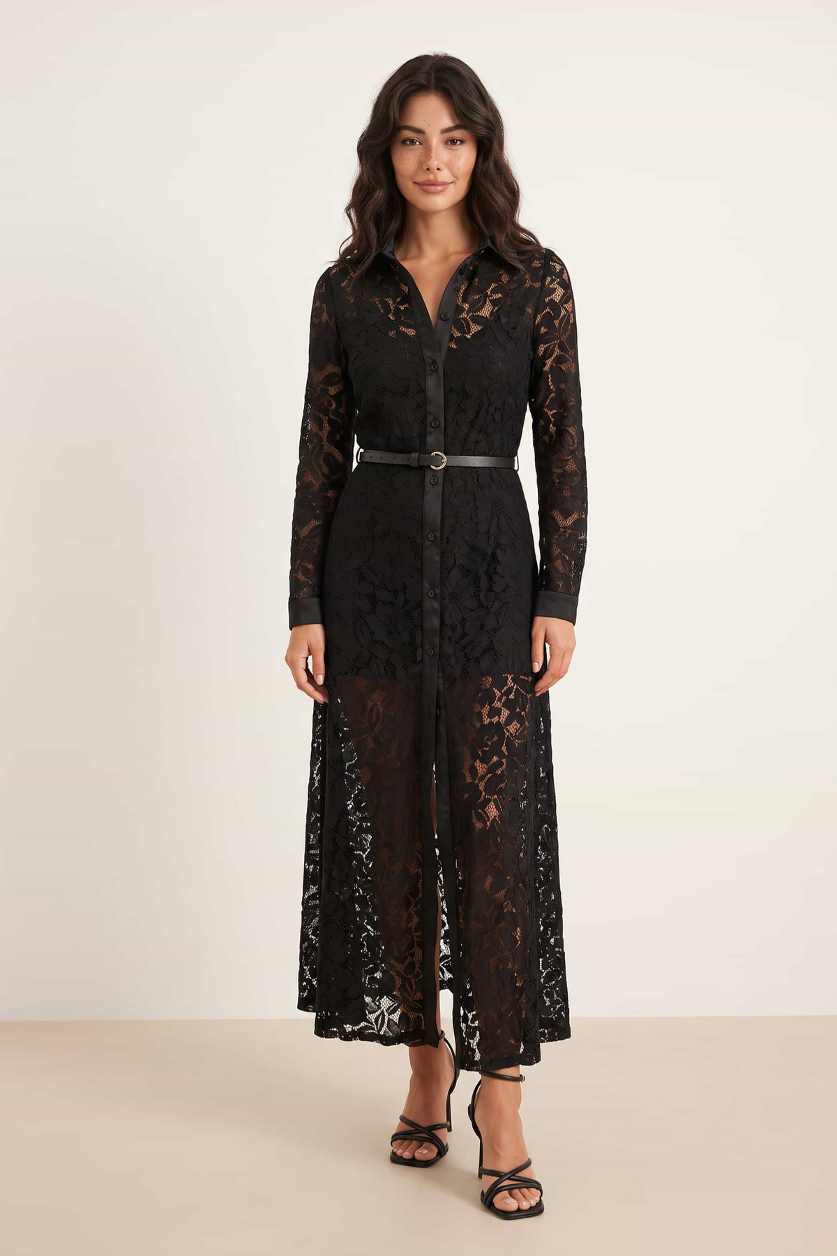 Daphne Belted Shirt Dress / Black Lace