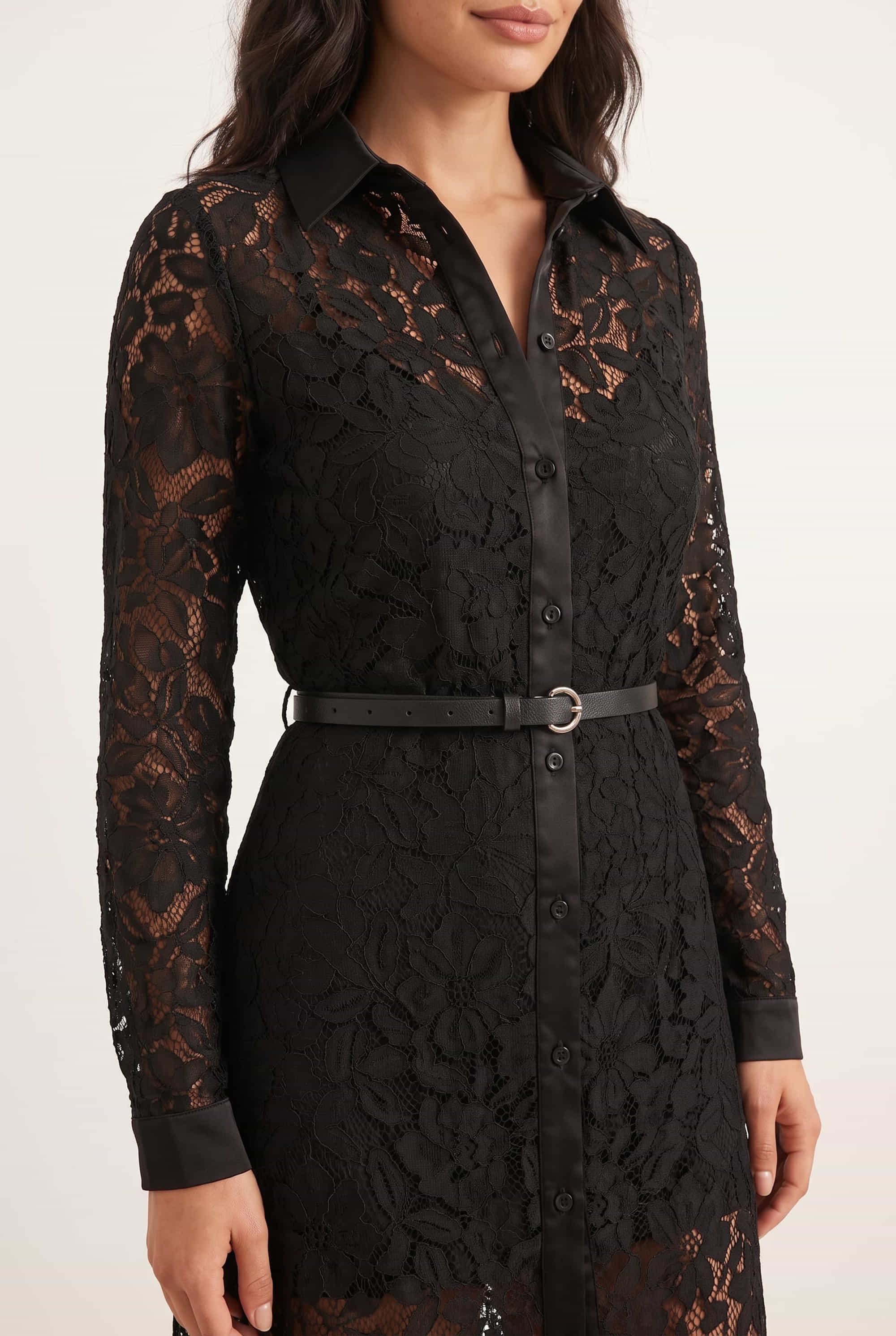 Daphne Belted Shirt Dress / Black Lace