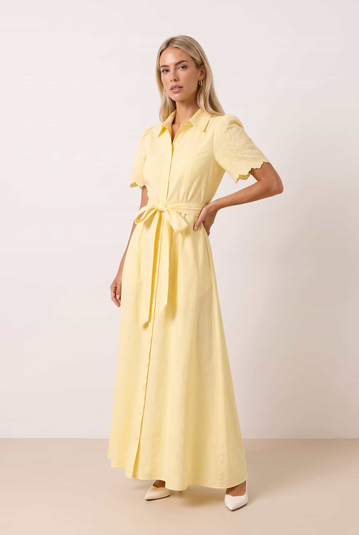 Laser Cut Shirt Dress in yellow