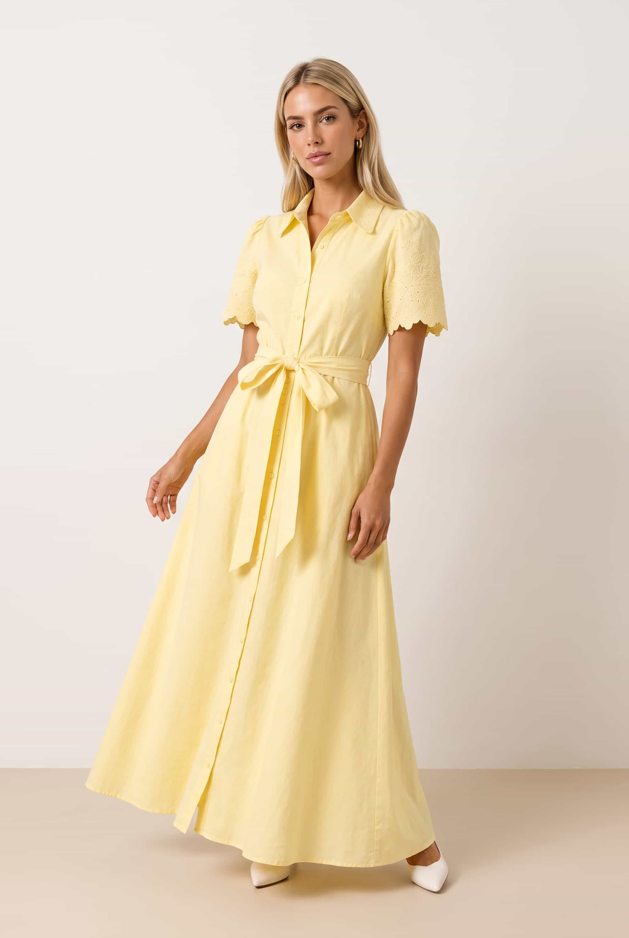 Laser Cut Shirt Dress in yellow