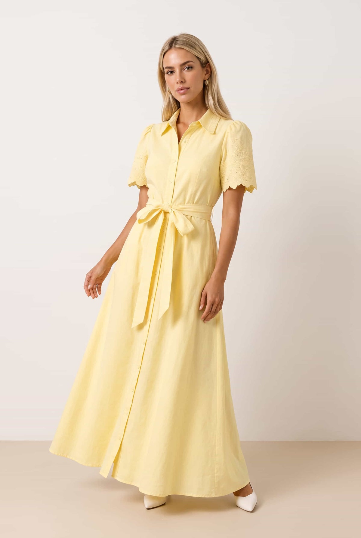 Laser Cut Shirt Dress in yellow