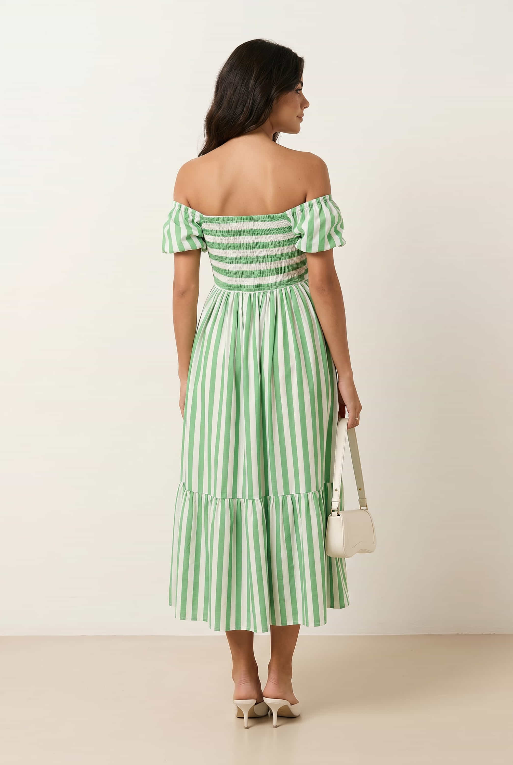 Leighton Puff Sleeve Midi Dress in Green Stripe