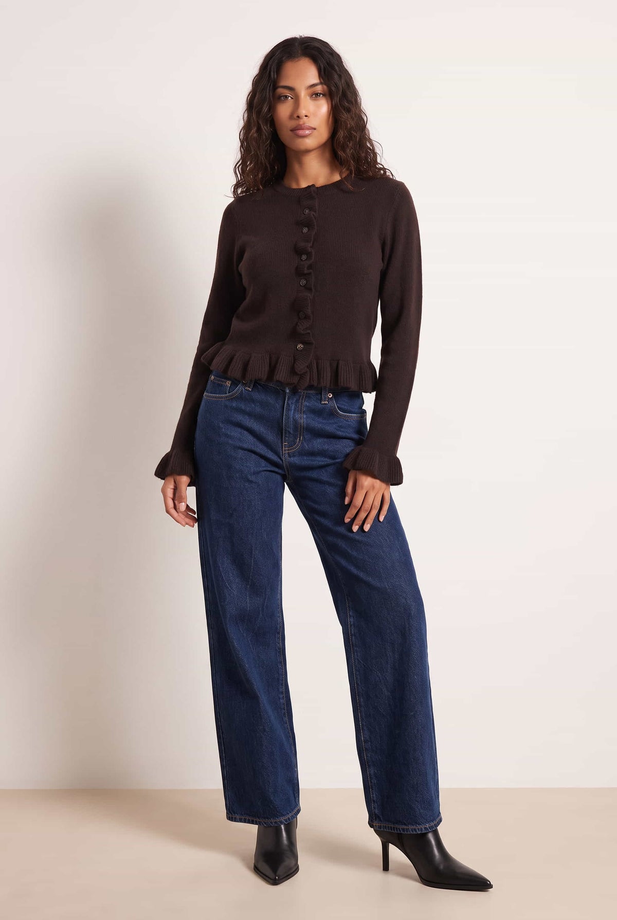 Chocolate Brown Long Sleeve Ruffle Frill Knit Cardigan