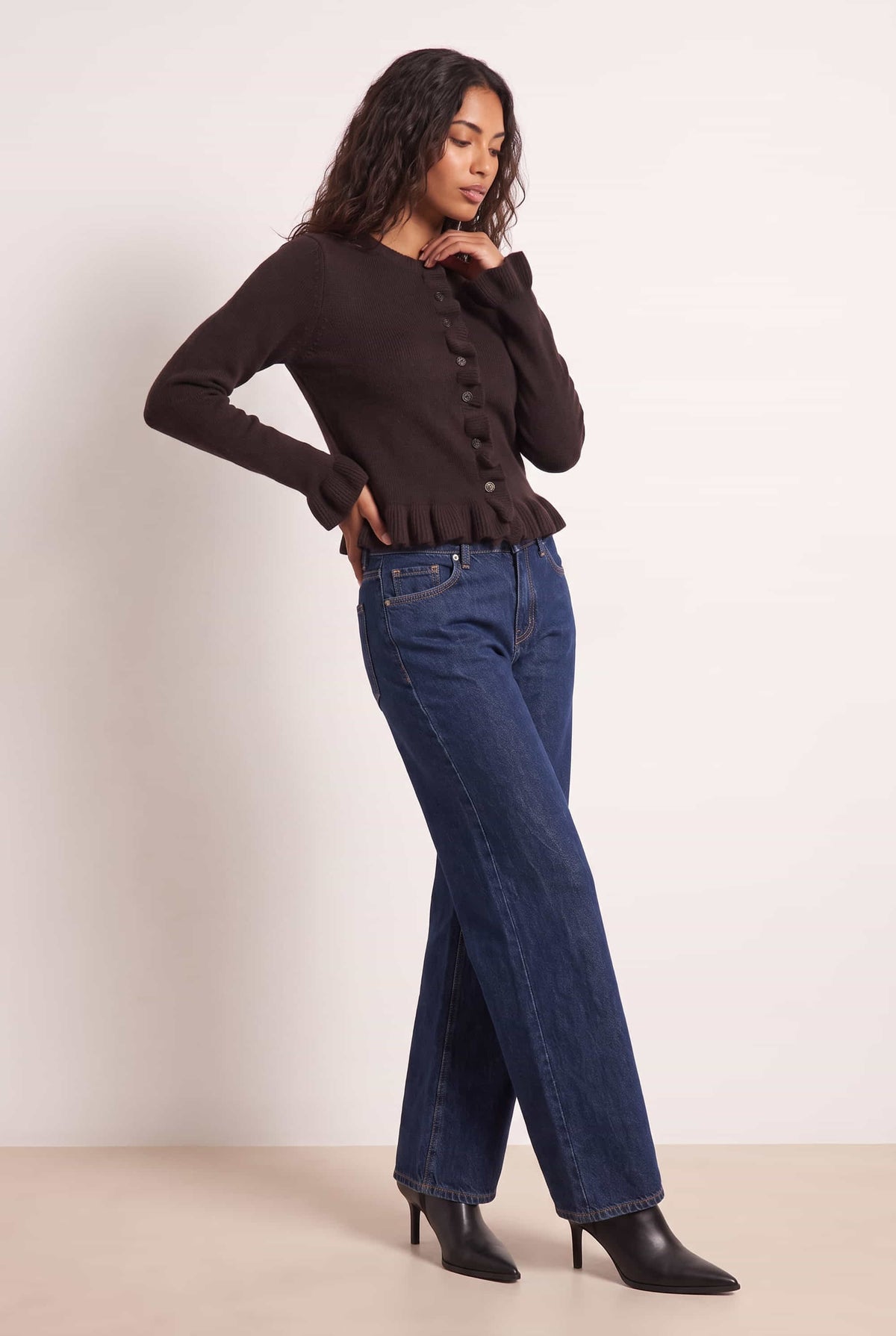 Chocolate Brown Long Sleeve Ruffle Frill Knit Cardigan