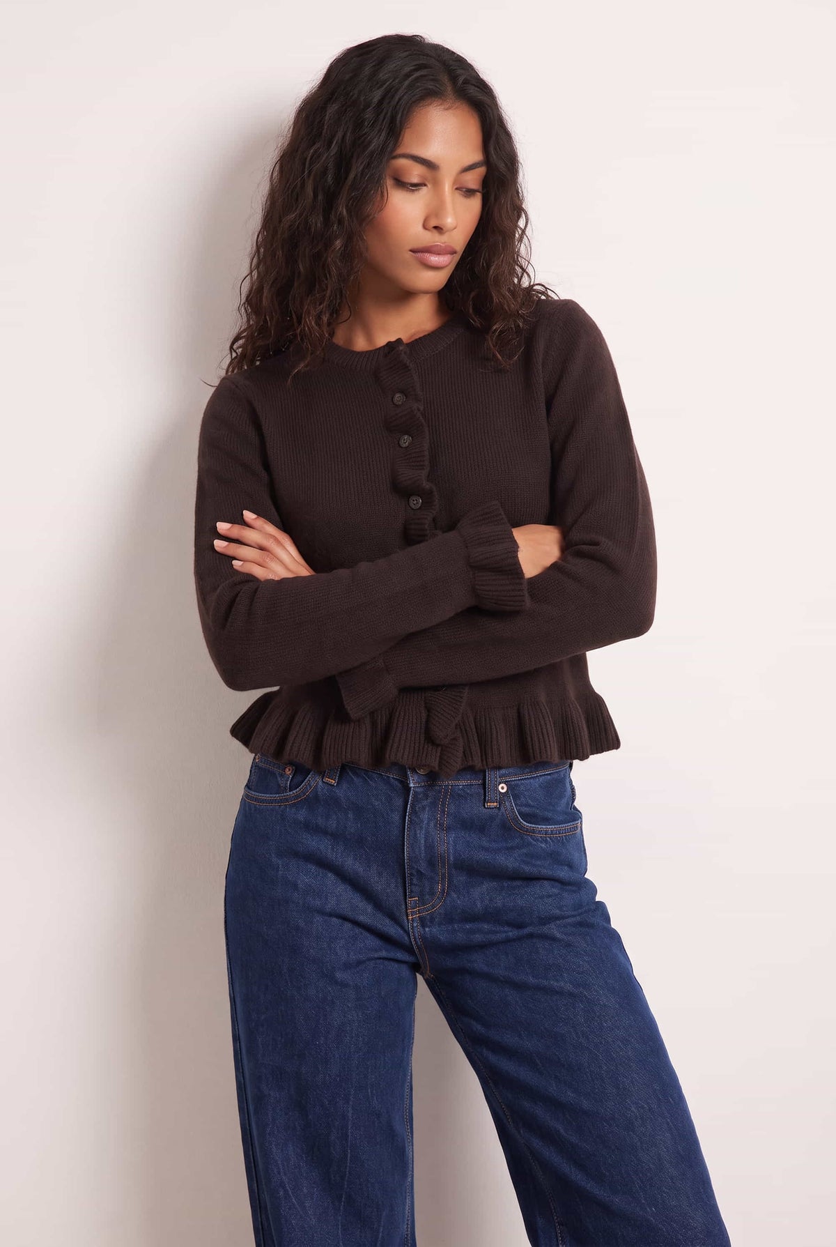 Chocolate Brown Long Sleeve Ruffle Frill Knit Cardigan