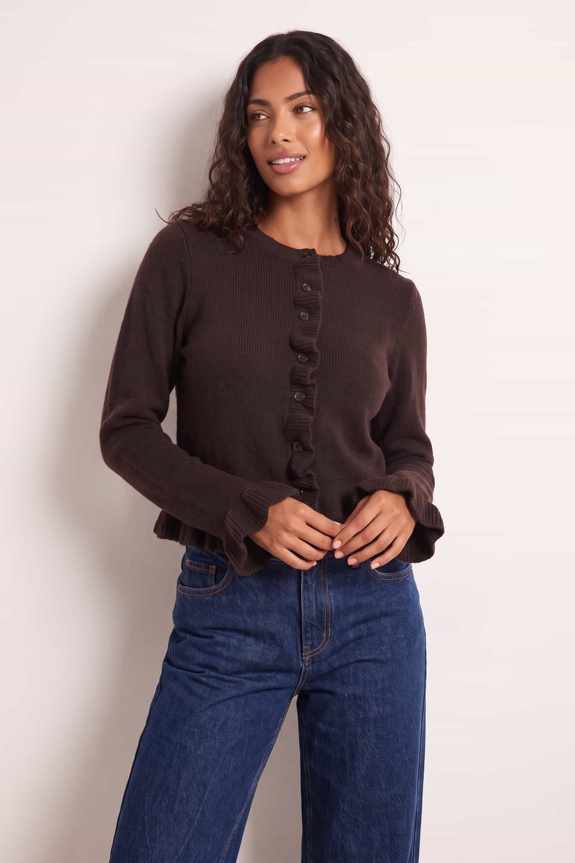 Chocolate Brown Long Sleeve Ruffle Frill Knit Cardigan – Style Cheat