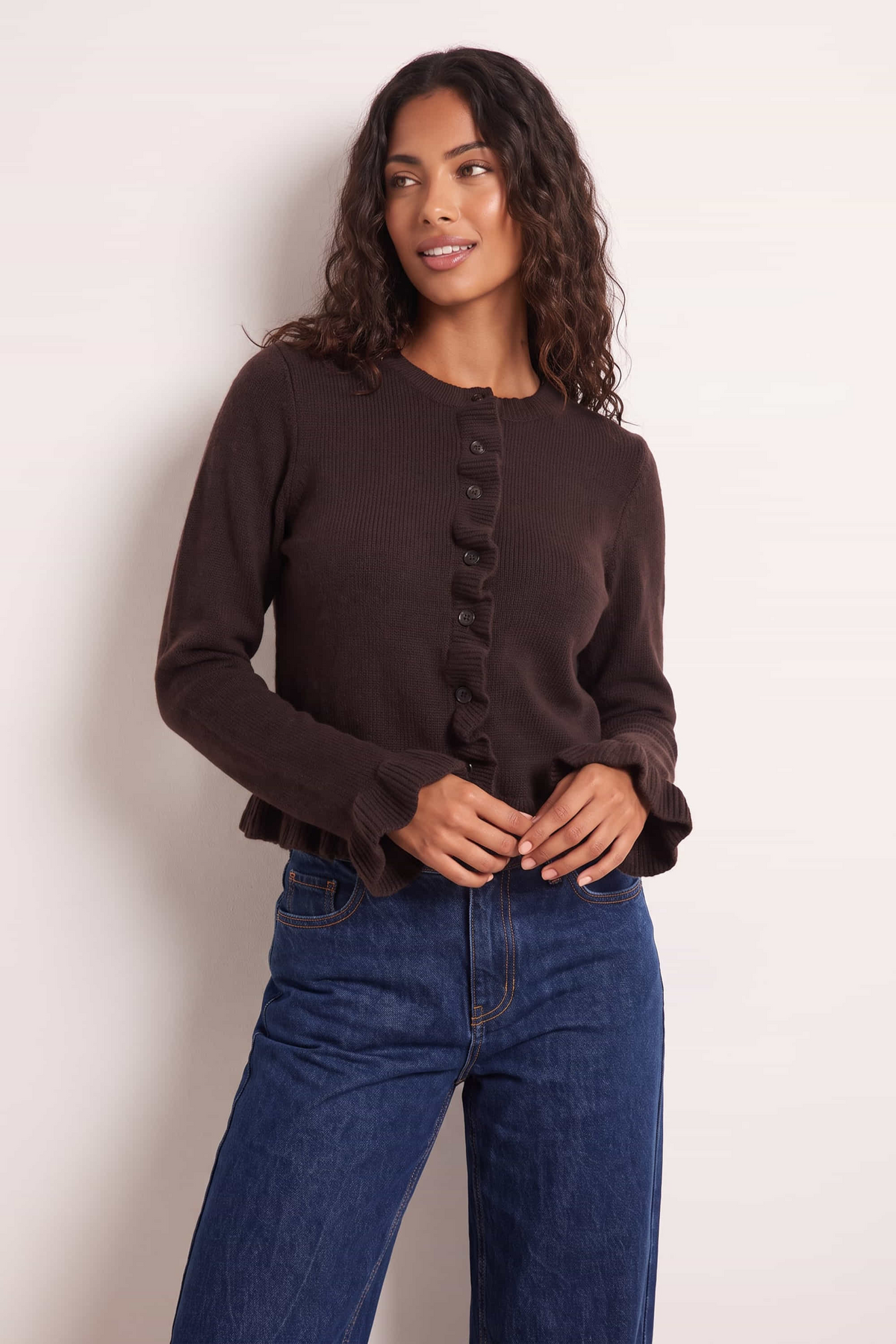 Chocolate Brown Long Sleeve Ruffle Frill Knit Cardigan