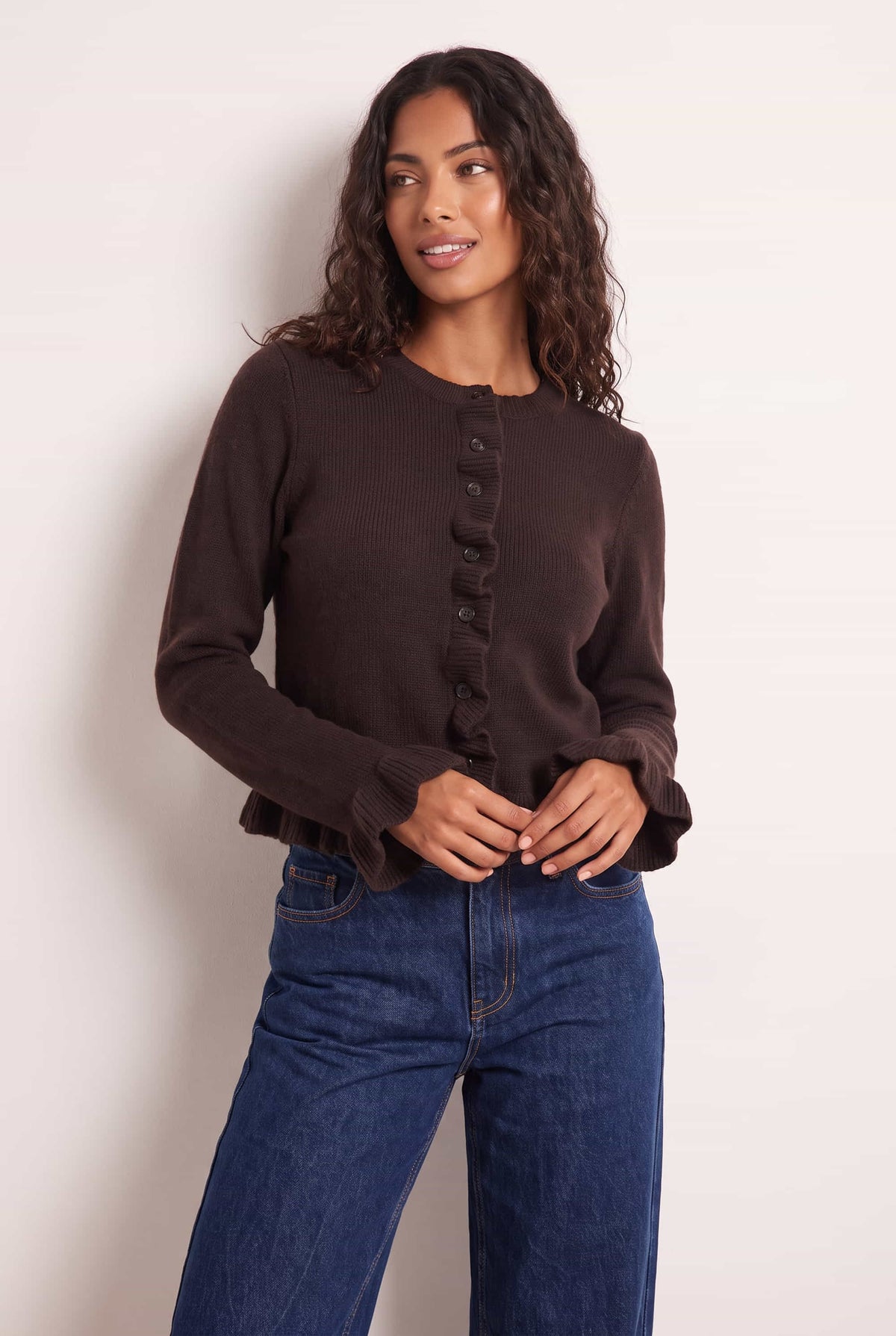 Chocolate Brown Long Sleeve Ruffle Frill Knit Cardigan