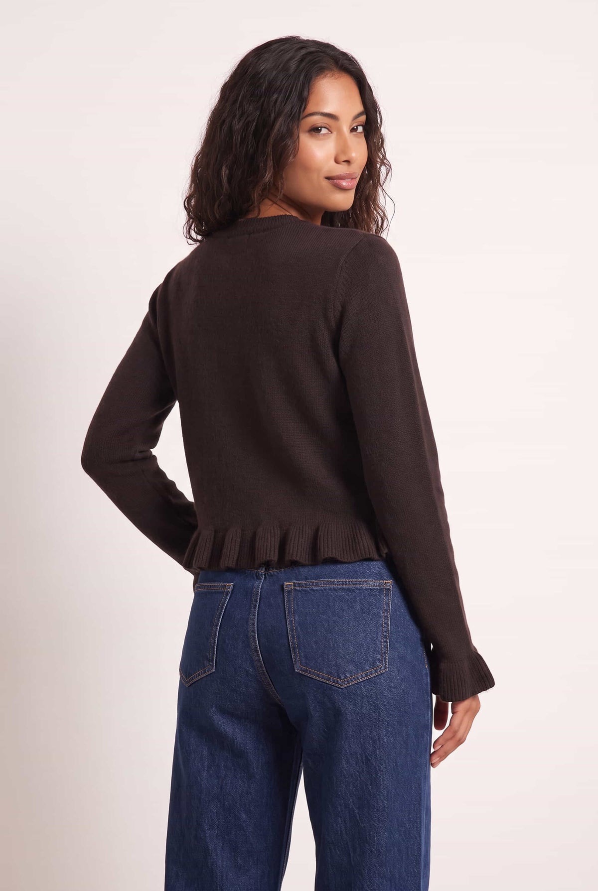 Chocolate Brown Long Sleeve Ruffle Frill Knit Cardigan
