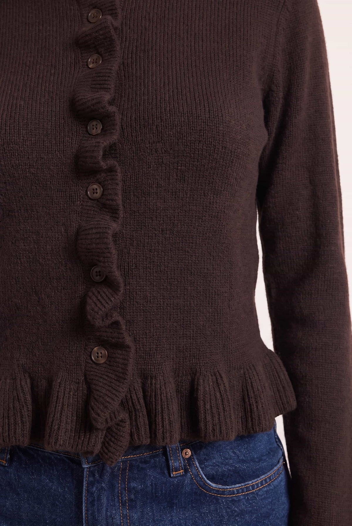 Chocolate Brown Long Sleeve Ruffle Frill Knit Cardigan