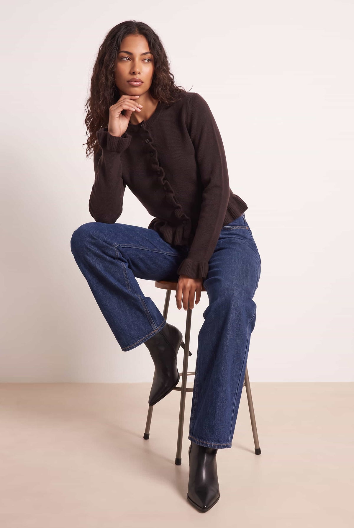 Chocolate Brown Long Sleeve Ruffle Frill Knit Cardigan
