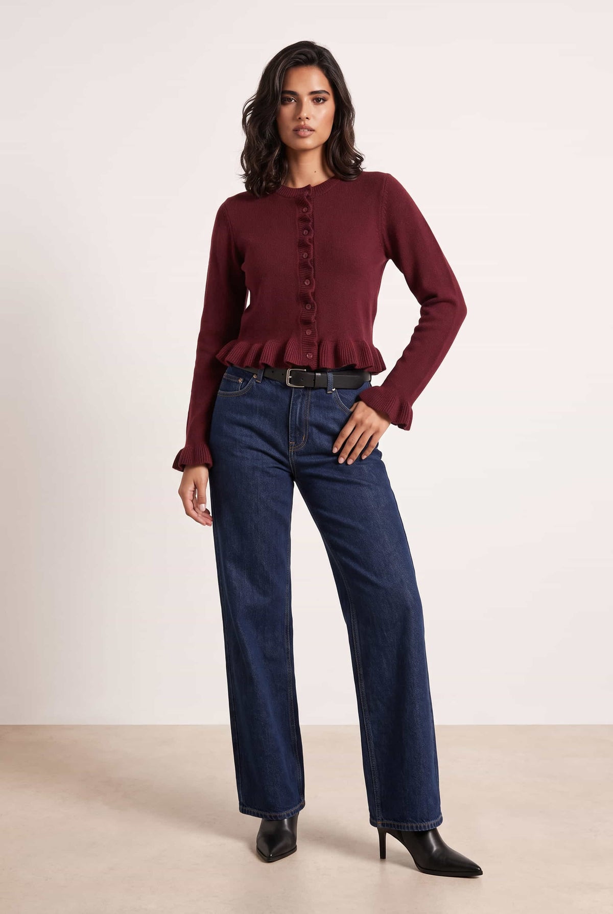 Burgundy Long Sleeve Ruffle Frill Knit Cardigan