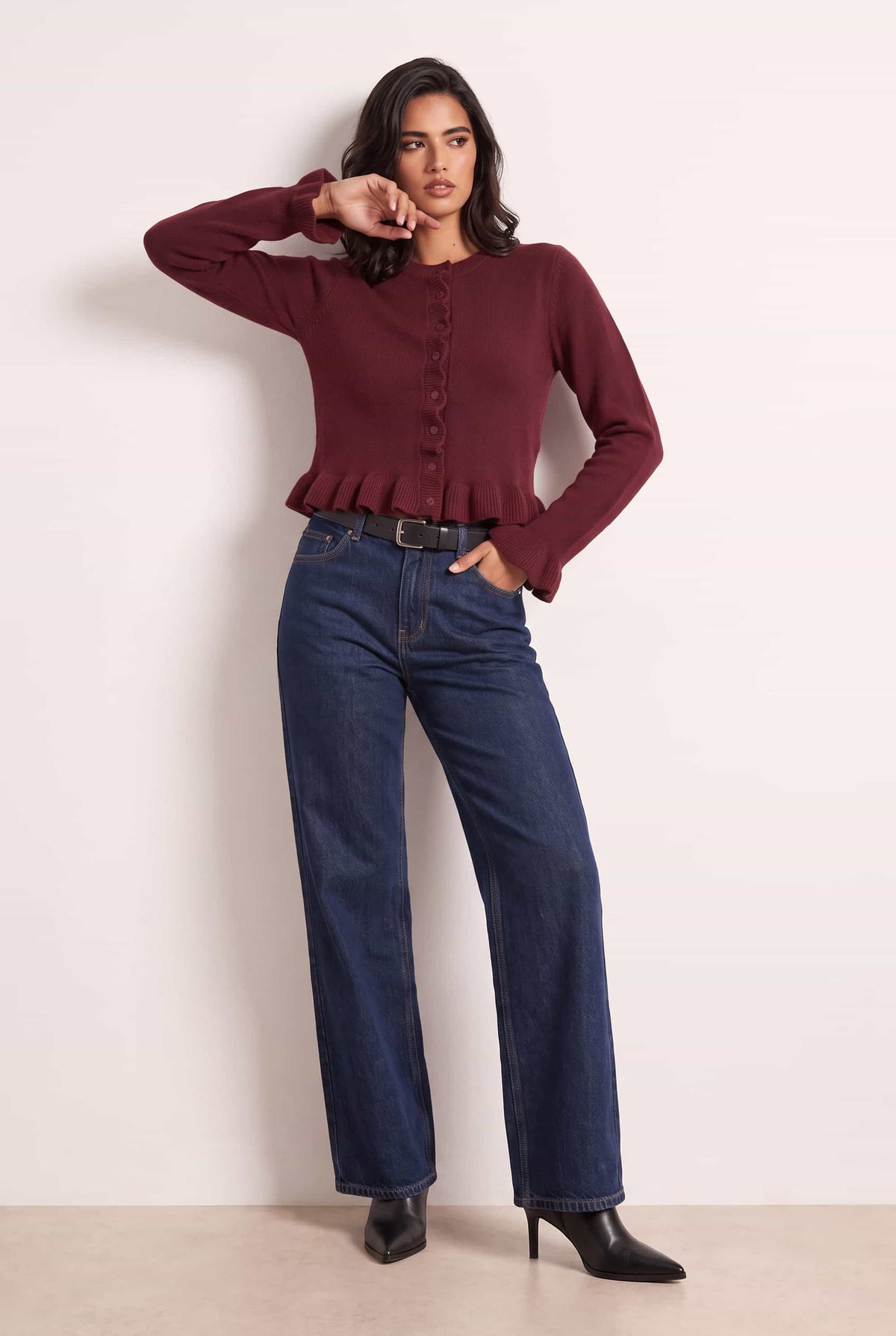 Burgundy Long Sleeve Ruffle Frill Knit Cardigan