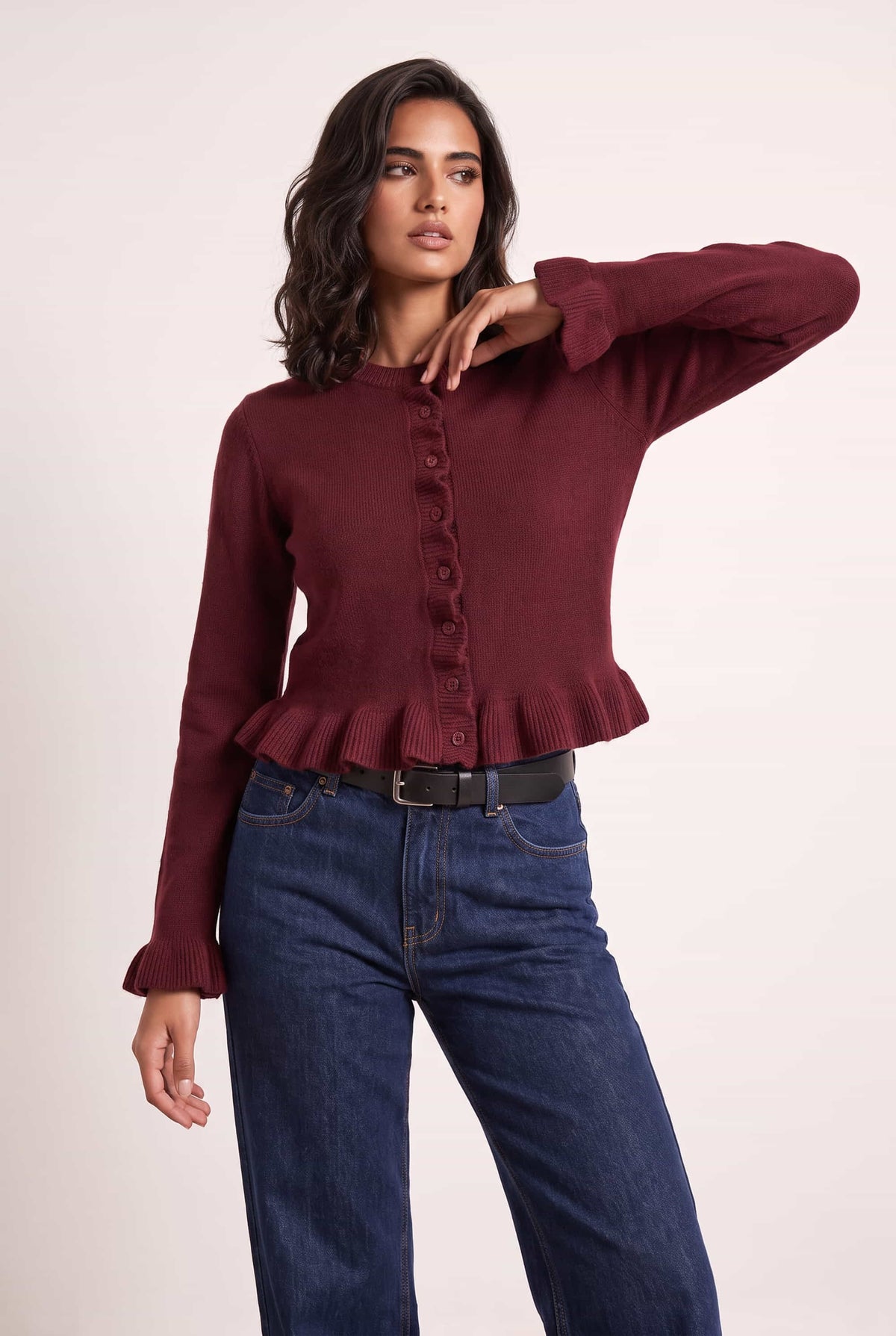Burgundy Long Sleeve Ruffle Frill Knit Cardigan