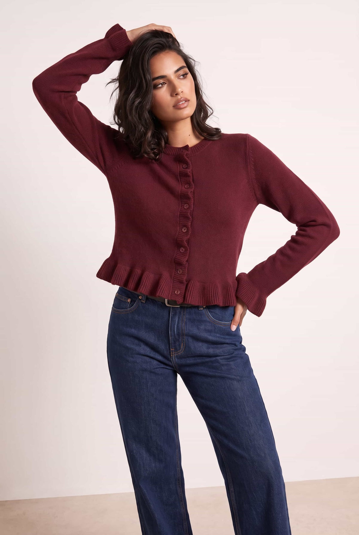 Burgundy Long Sleeve Ruffle Frill Knit Cardigan