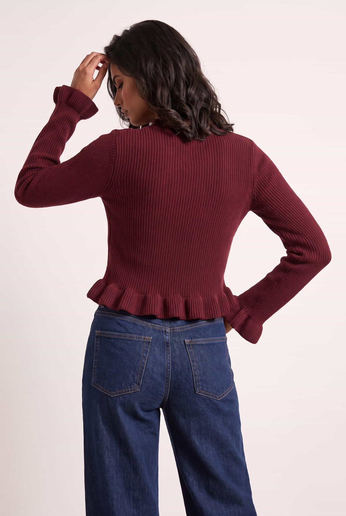 Burgundy Long Sleeve Ruffle Frill Knit Cardigan
