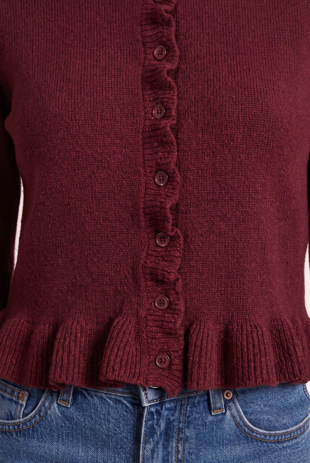 Burgundy Long Sleeve Ruffle Frill Knit Cardigan