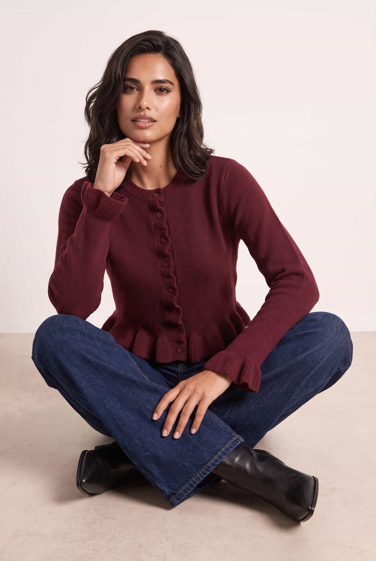 Burgundy Long Sleeve Ruffle Frill Knit Cardigan