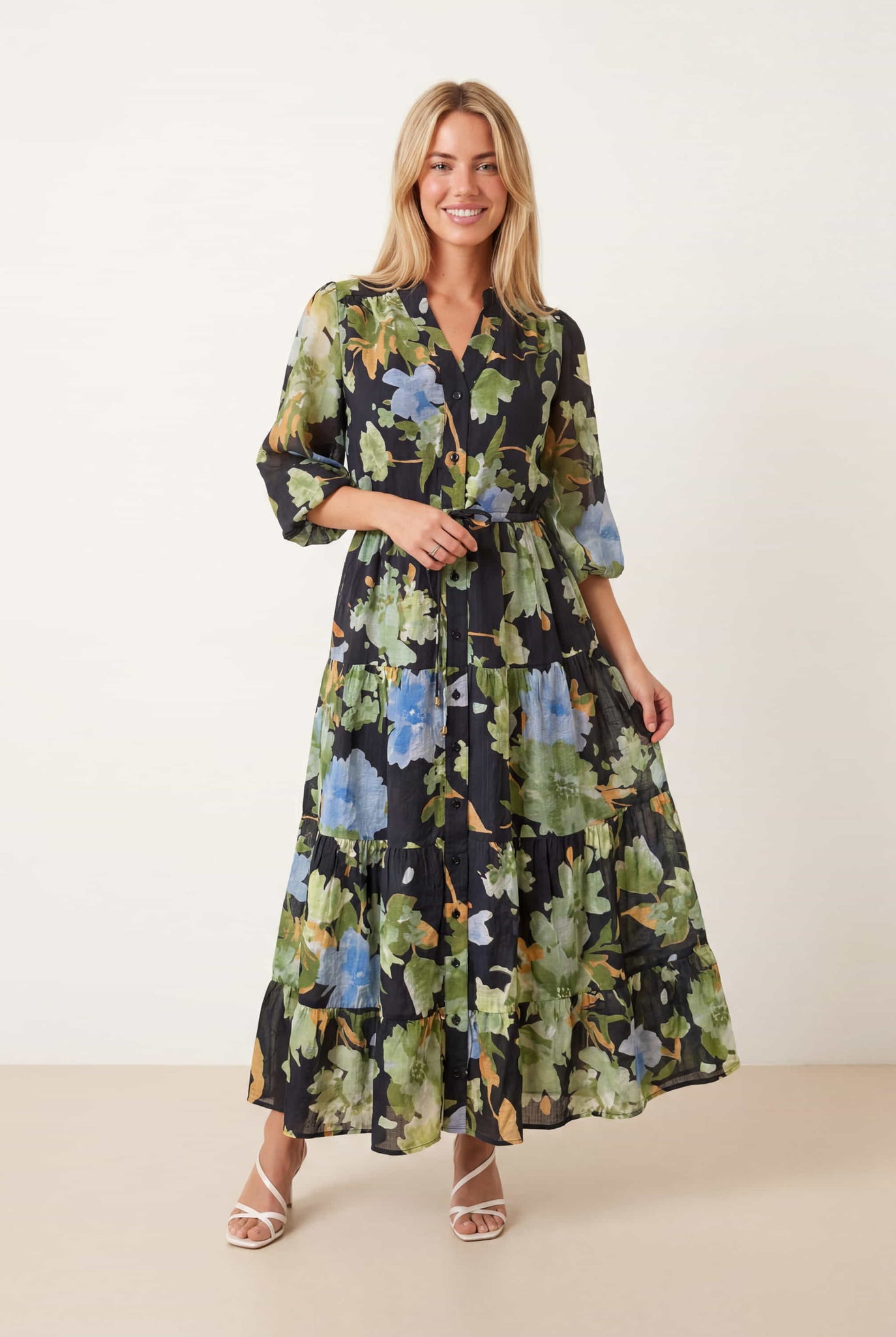 3/4 sleeve midi dress Allegra K Women's A-Line Business Work Formal Black A floral midi featuring a smocked bodice Women's 3/4 Sleeve Midi Dresses